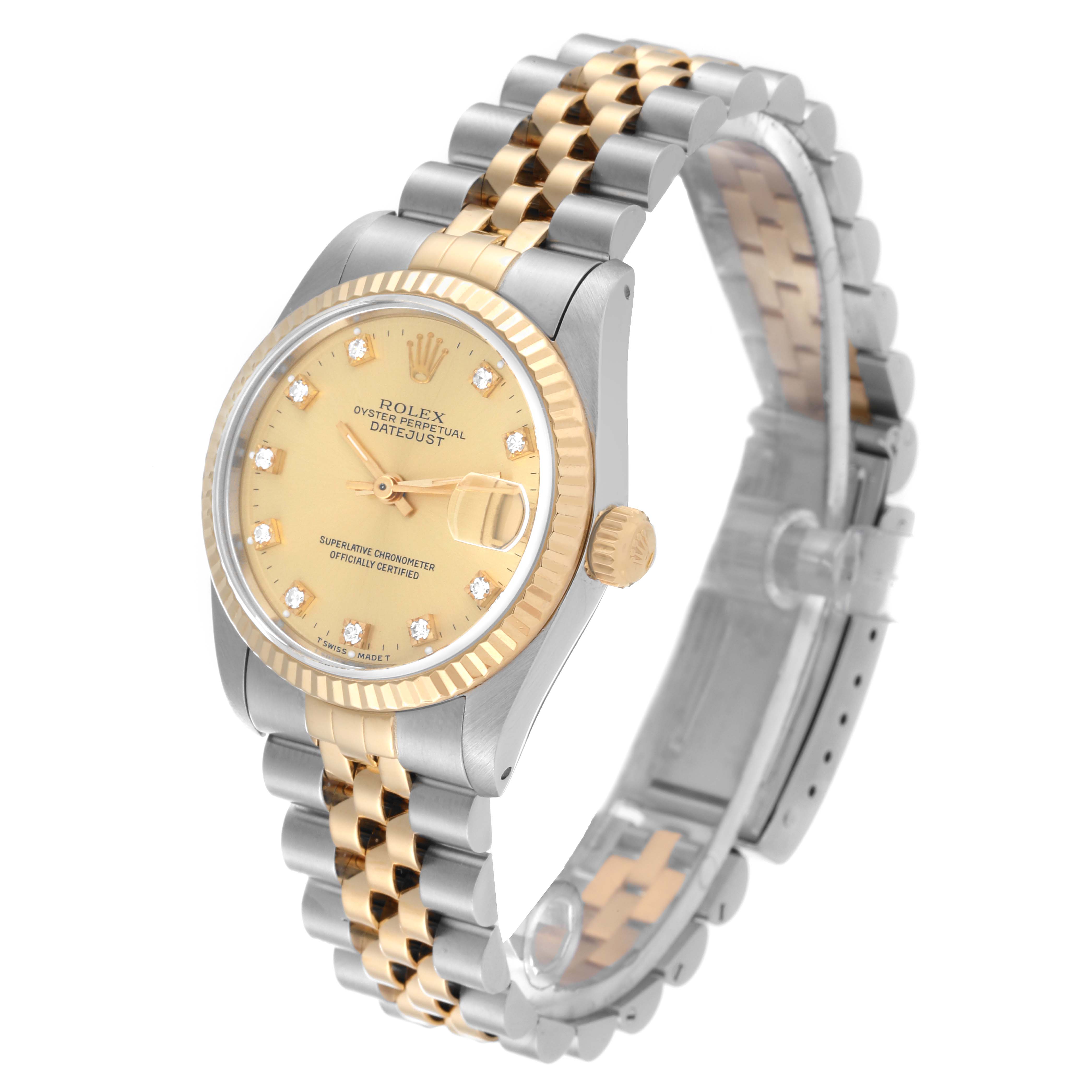 The image shows a Rolex Datejust Mid-Size watch at an angled side view, highlighting the dial, bezel, crown, and two-tone bracelet.