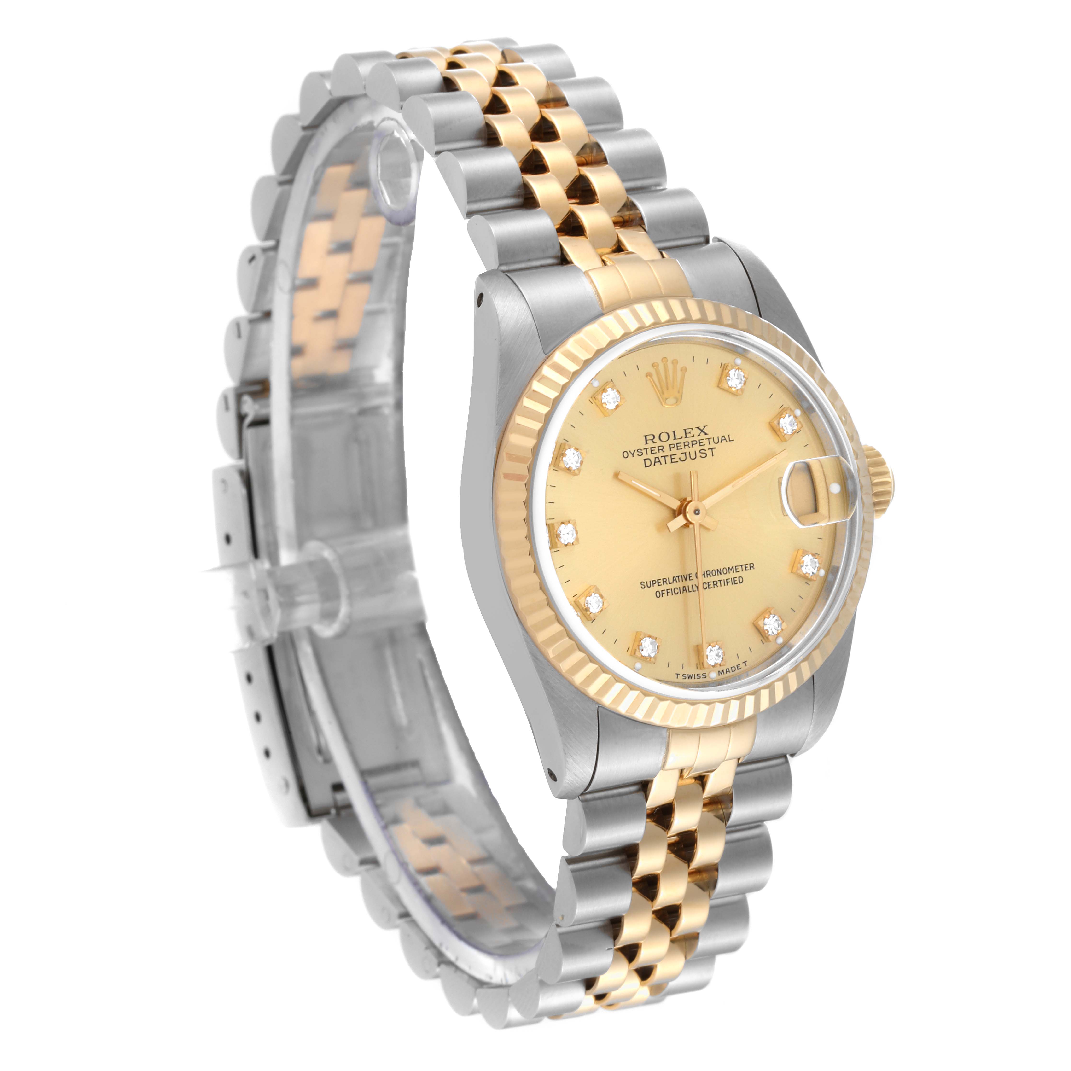 The image shows a side and frontal angle of a Rolex Mid-Size 68273 Women's Steel and Gold (two tone) Champagne Dial 68273 Women's Steel and Gold (two tone) Champagne Dial Datejust watch, highlighting its gold dial, bezel, and two-tone bracelet.