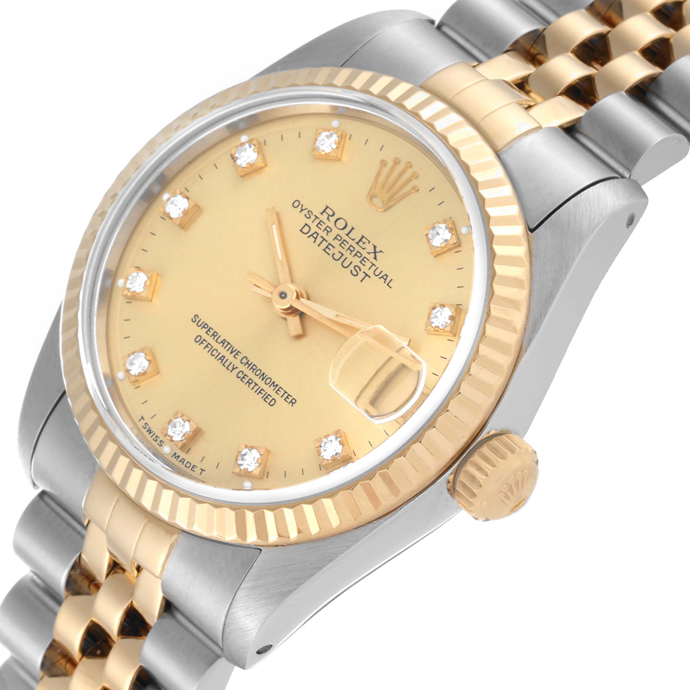 The image shows a close-up, angled view of a Rolex Mid-Size 68273 Women's Steel and Gold (two tone) Champagne Dial 68273 Women's Steel and Gold (two tone) Champagne Dial Datejust watch, highlighting the dial, bezel, and part of the bracelet.