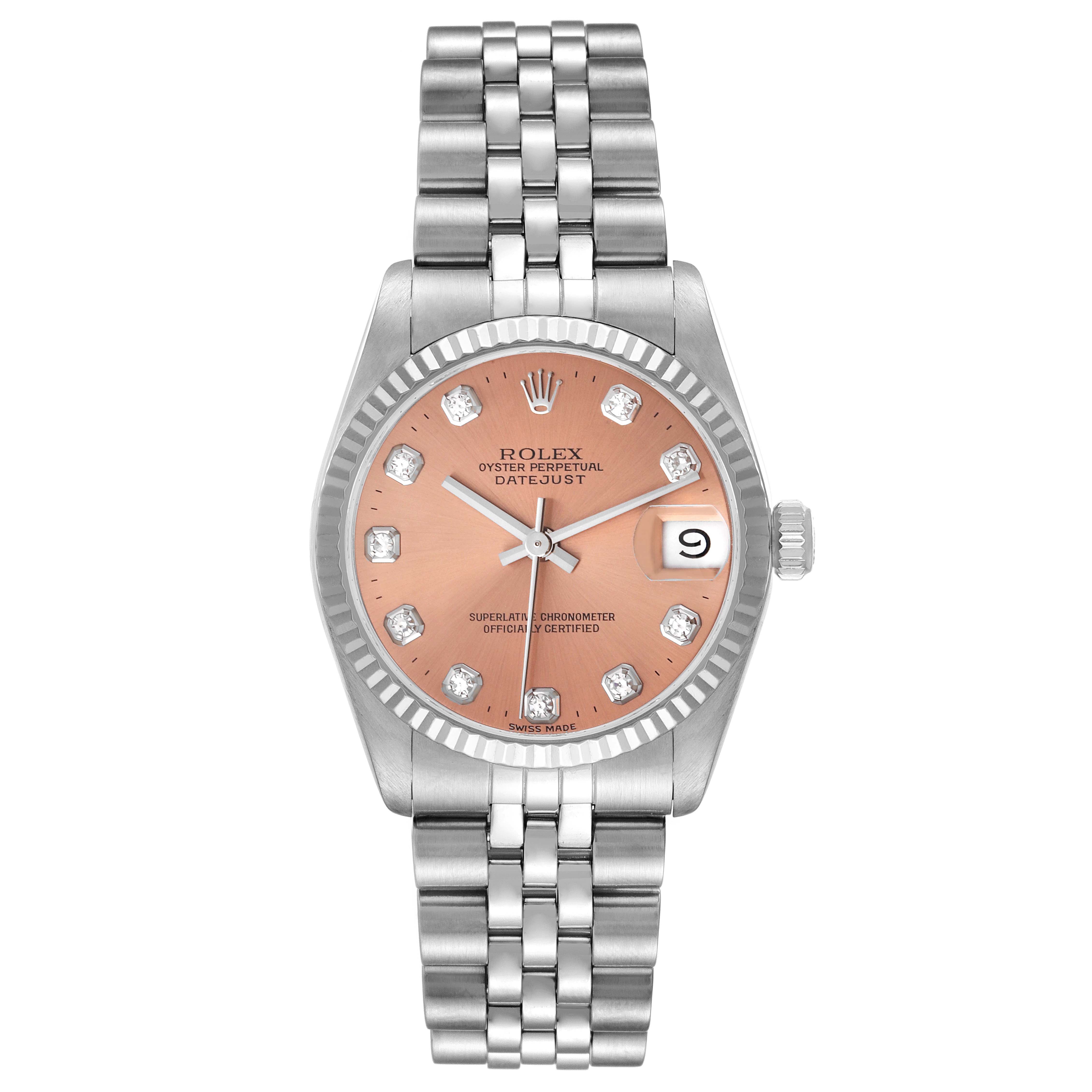 The image shows a Rolex Datejust Mid-Size watch from a front angle, displaying the dial, bezel, case, and bracelet.