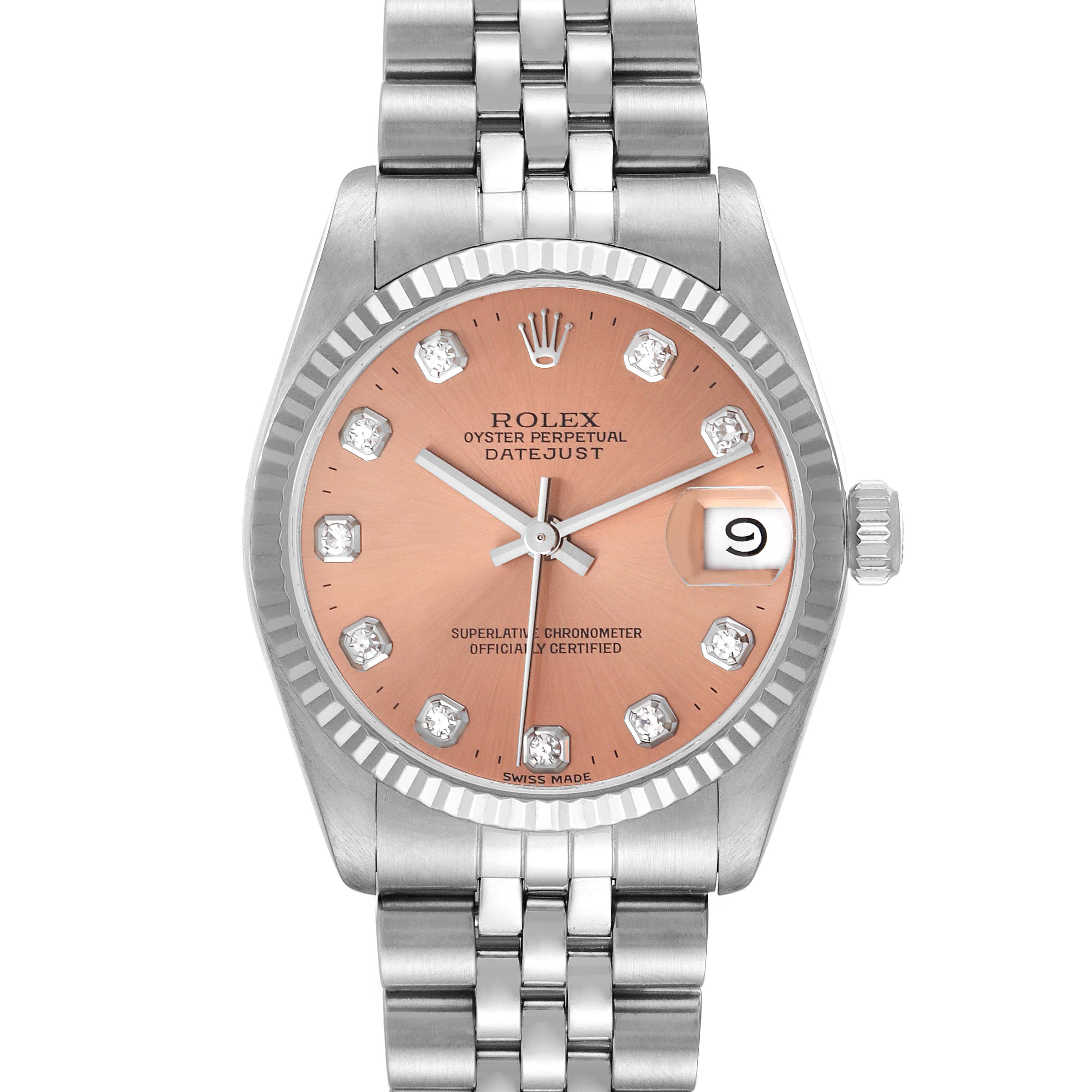 This image shows a front view of a Rolex Mid-Size 68274 Women's Stainless Steel Pink Dial 68274 Women's Stainless Steel Pink Dial Datejust watch, featuring a pink dial, date window, and Jubilee bracelet.