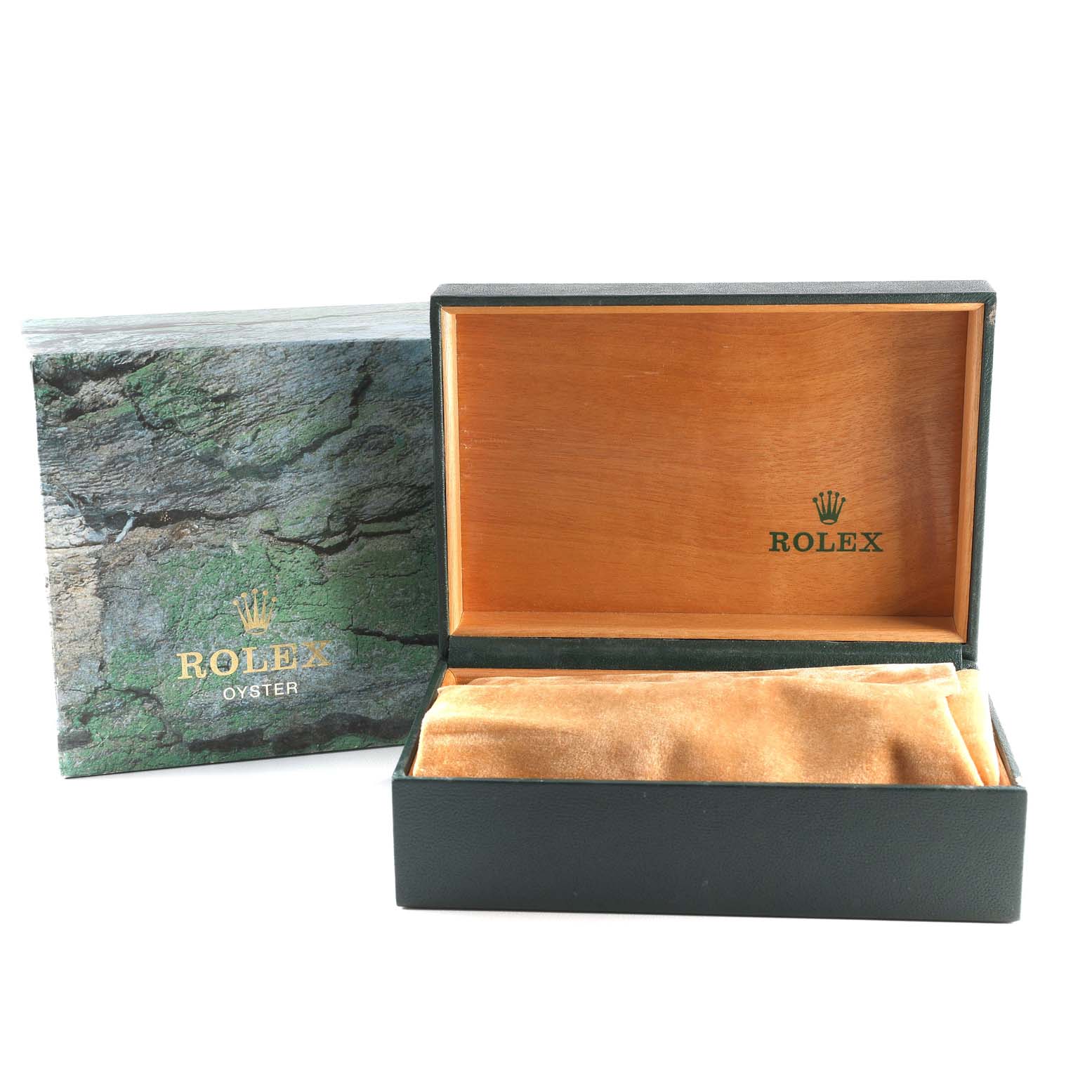 The image shows an open Rolex watch box for a Mid-Size model, displaying the interior and the exterior sleeve.