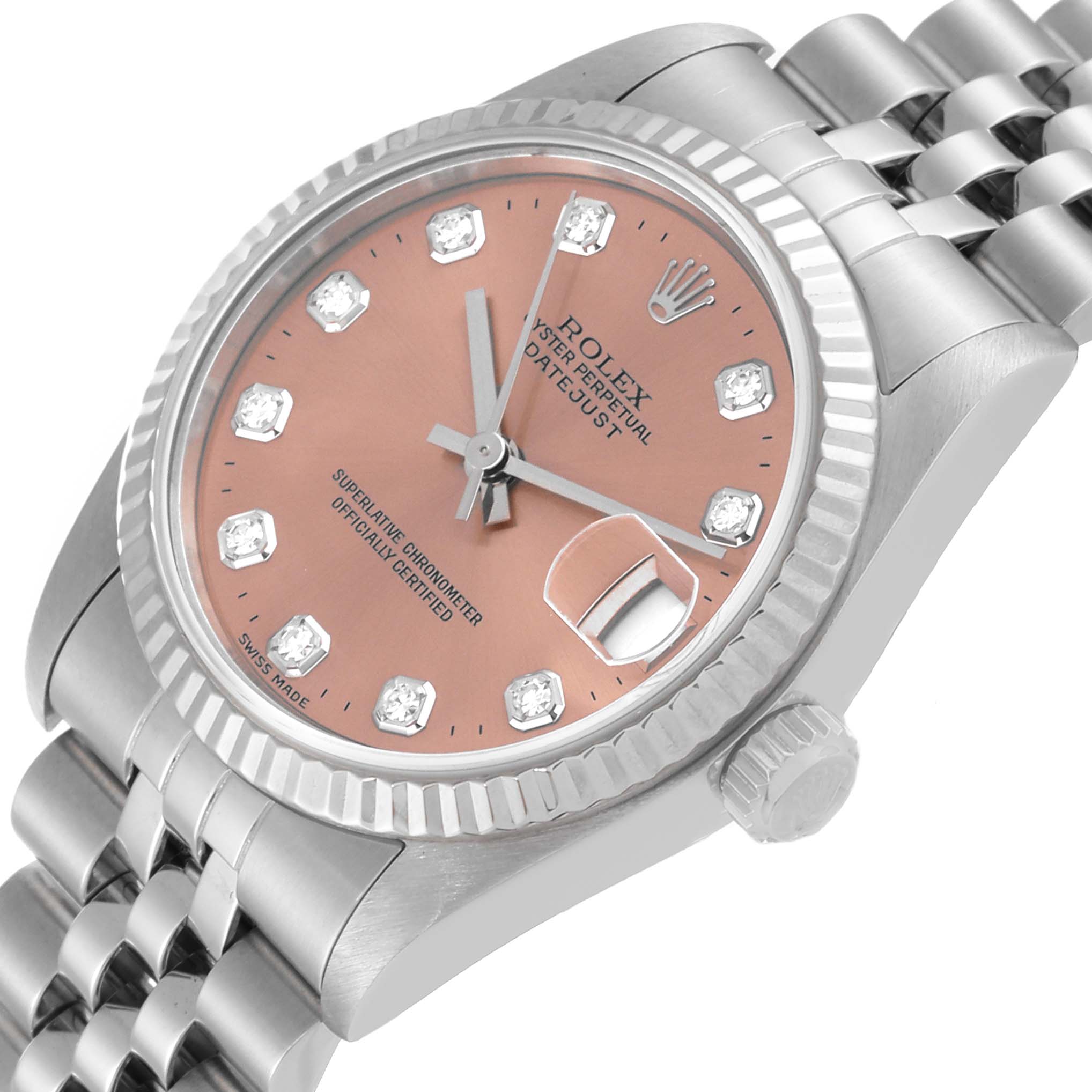 The image shows a close-up side angle of a Rolex Mid-Size 68274 Women's Stainless Steel Pink Dial 68274 Women's Stainless Steel Pink Dial Datejust watch, highlighting the pink dial, diamond markers, fluted bezel, and silver bracelet.
