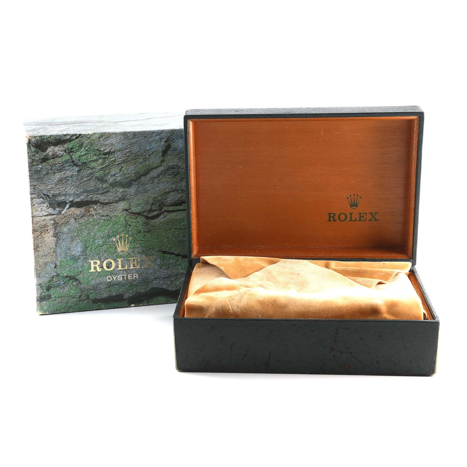 The image shows a Rolex Mid-Size 68273 Women's Steel and Gold (two tone) Black Dial 68273 Women's Steel and Gold (two tone) Black Dial model watch box and its protective cover, opened at an angle displaying the interior and branding.