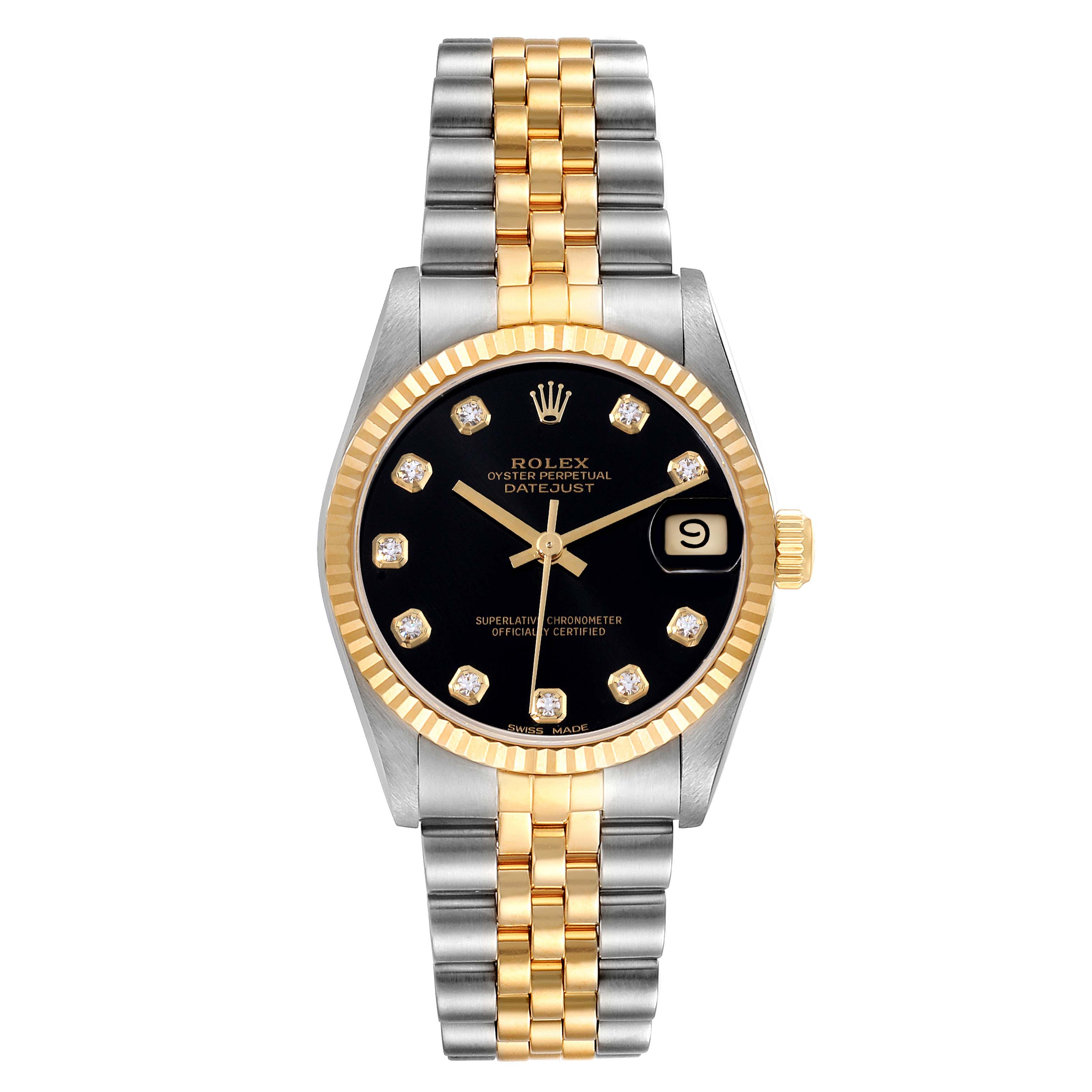 The image shows a front view of a mid-size Rolex Datejust watch, highlighting the dial, bezel, and two-tone bracelet.