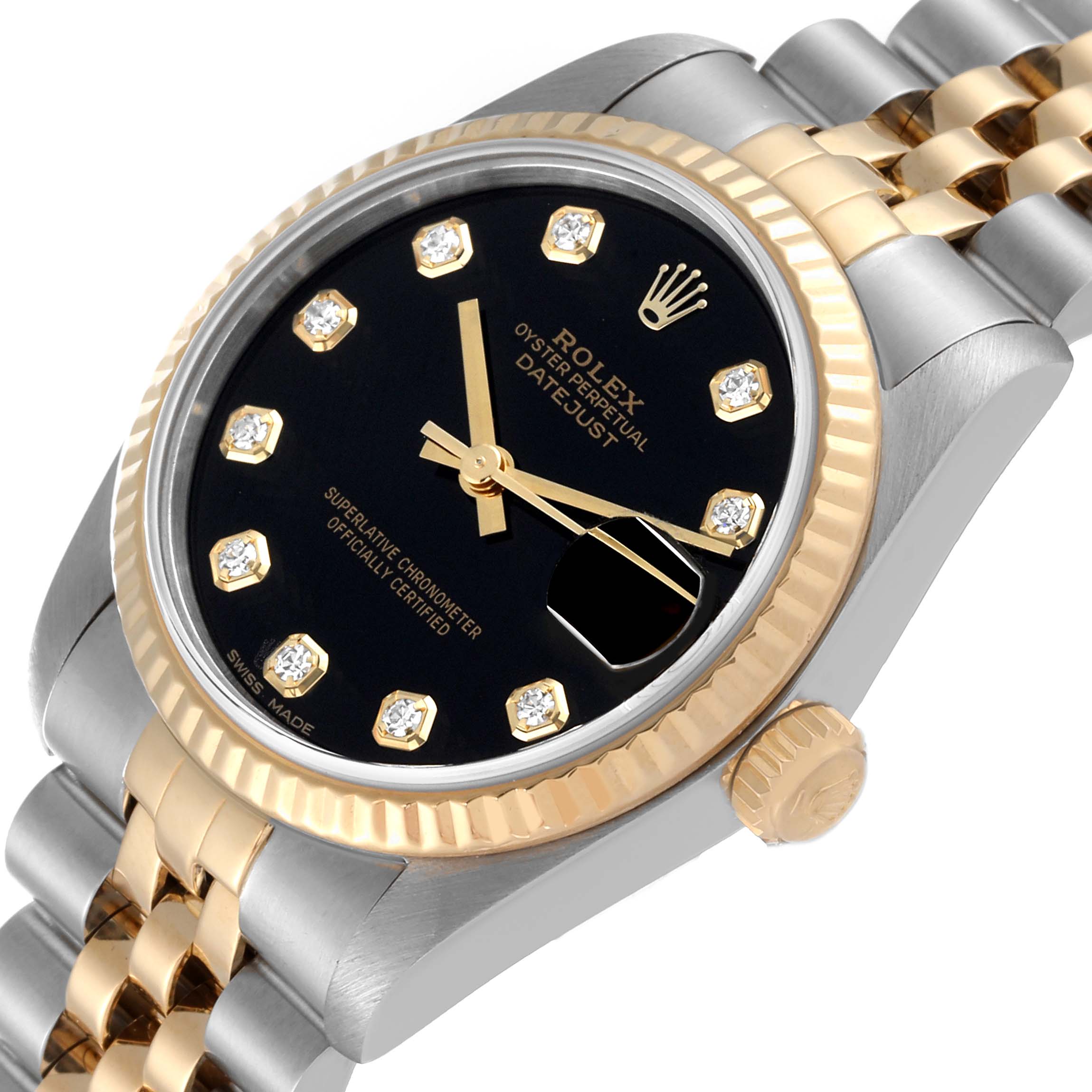 The image shows a close-up angle of a Rolex Mid-Size 68273 Women's Steel and Gold (two tone) Black Dial 68273 Women's Steel and Gold (two tone) Black Dial Datejust watch, highlighting its black dial, diamond hour markers, bezel, and Jubilee bracelet.
