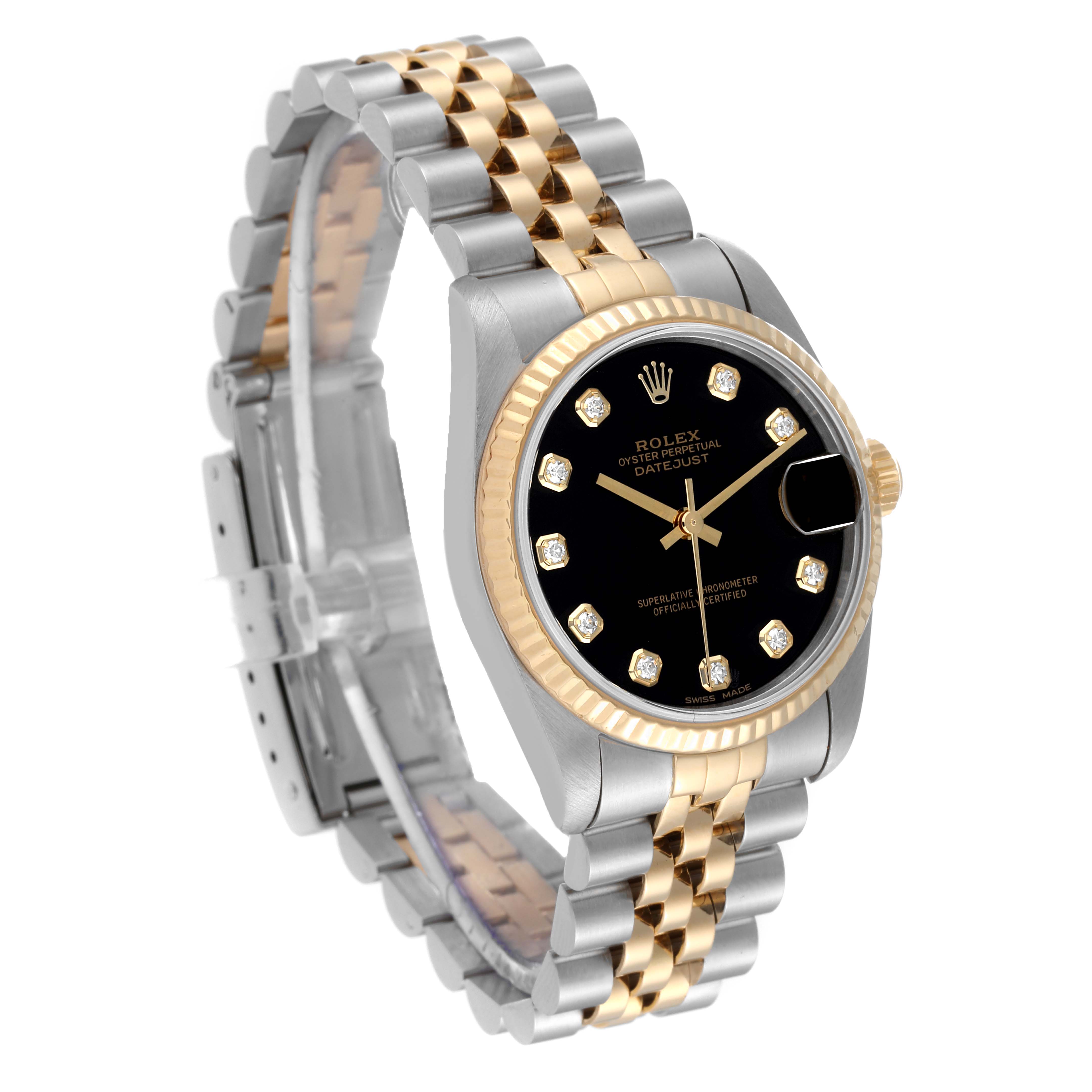 The Rolex Mid-Size 68273 Women's Steel and Gold (two tone) Black Dial 68273 Women's Steel and Gold (two tone) Black Dial Datejust watch is shown at a front angle, highlighting the dial, case, crown, and bracelet.