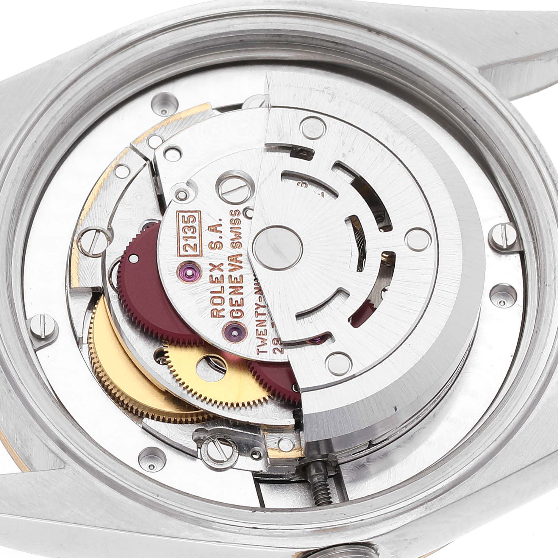 The image shows the internal mechanism of a Mid-Size Rolex watch from a top-down angle.