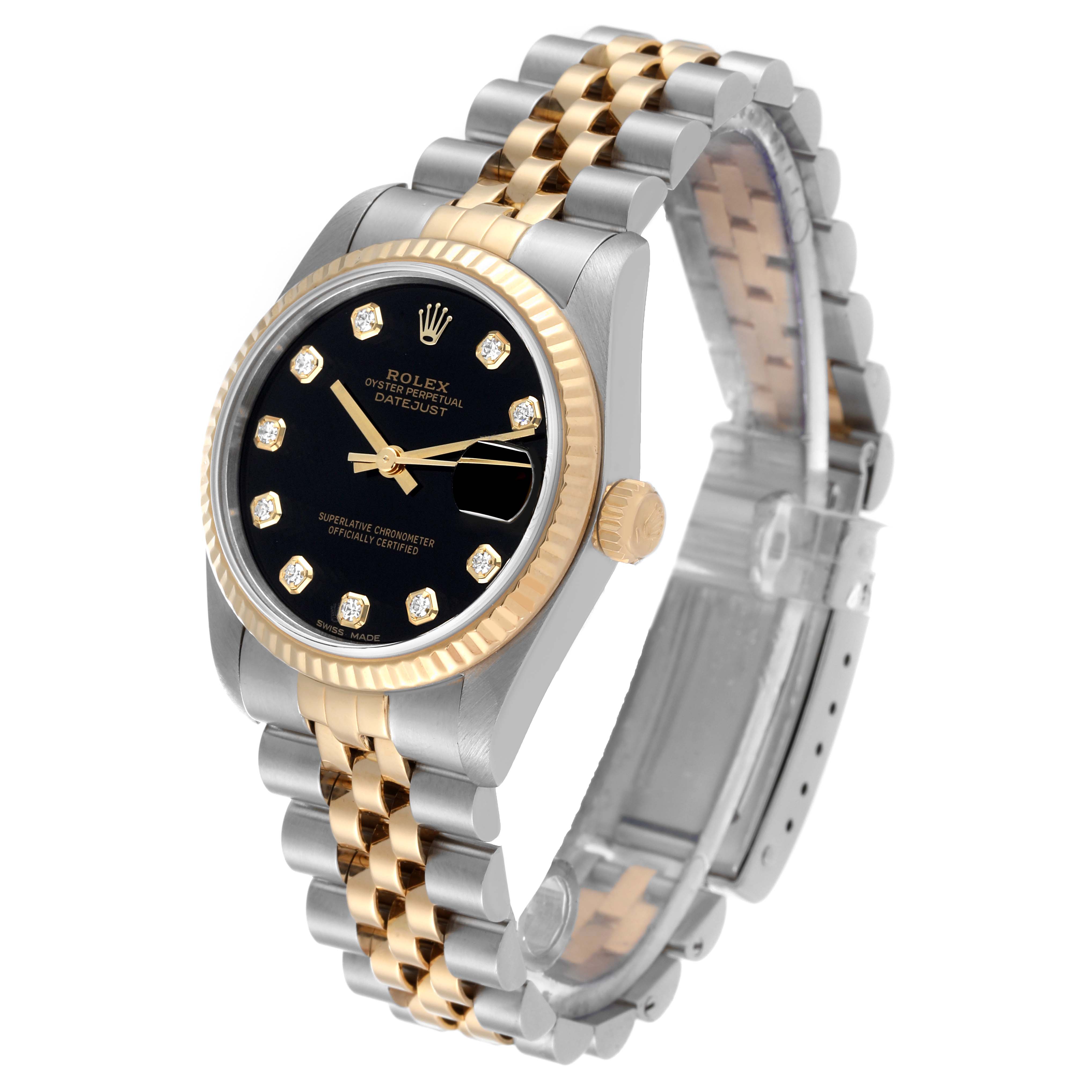 This image shows a Mid-Size Rolex Datejust watch at a slight angle, highlighting the dial, bracelet, and crown.