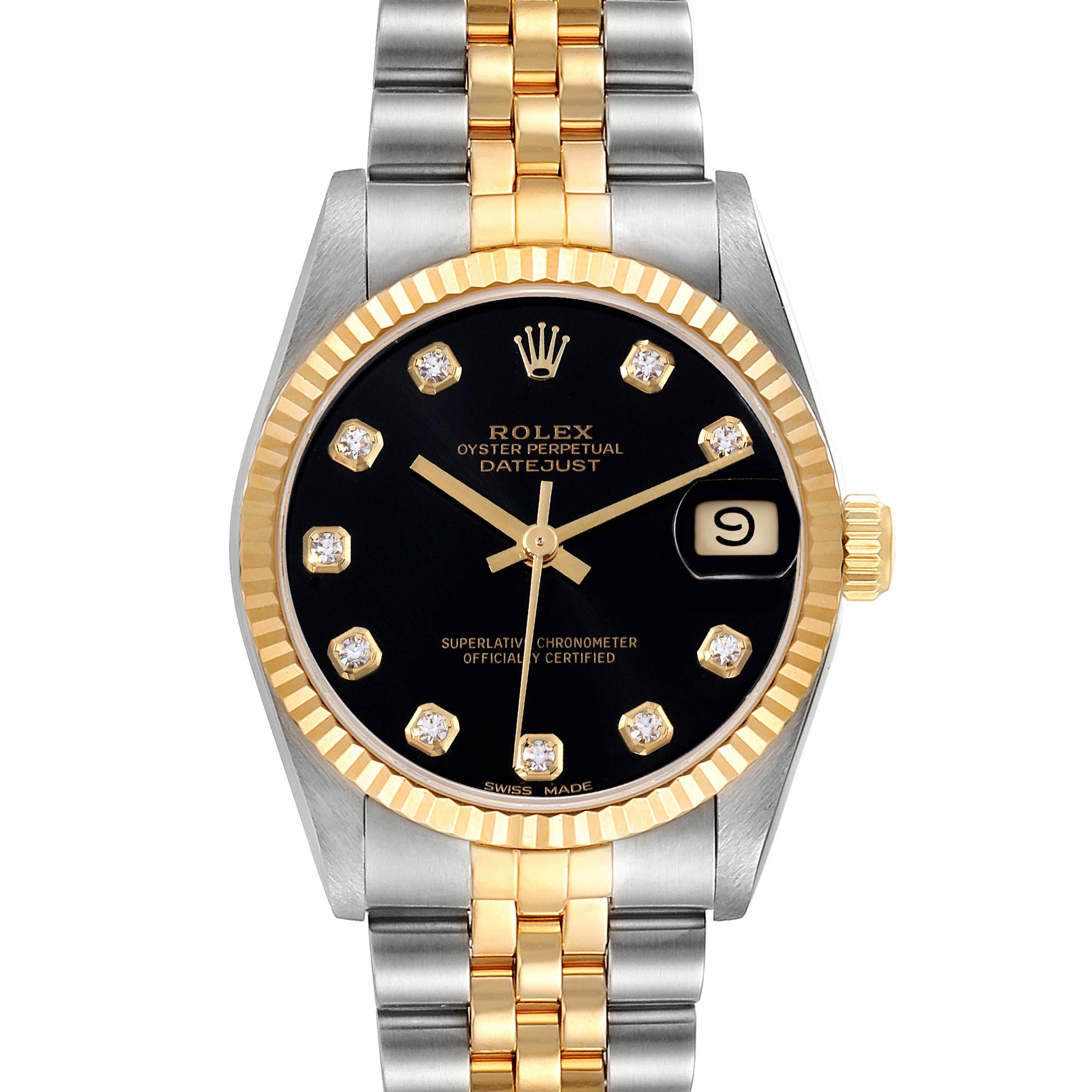 This image shows the front view of a Rolex Mid-Size 68273 Women's Steel and Gold (two tone) Black Dial 68273 Women's Steel and Gold (two tone) Black Dial Datejust, featuring a black dial, two-tone bracelet, and a date window.