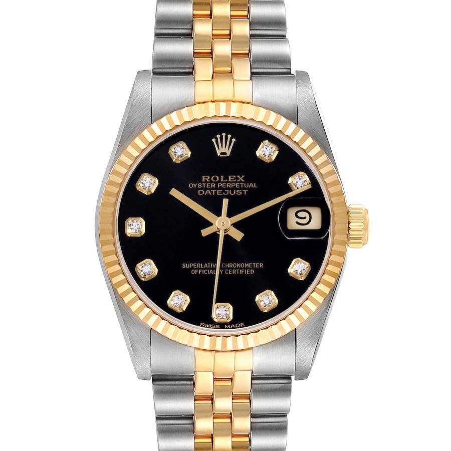 Rolex Datejust Midsize Steel Yellow Gold Black Diamond Dial Ladies Watch 68273 SwissWatchExpo