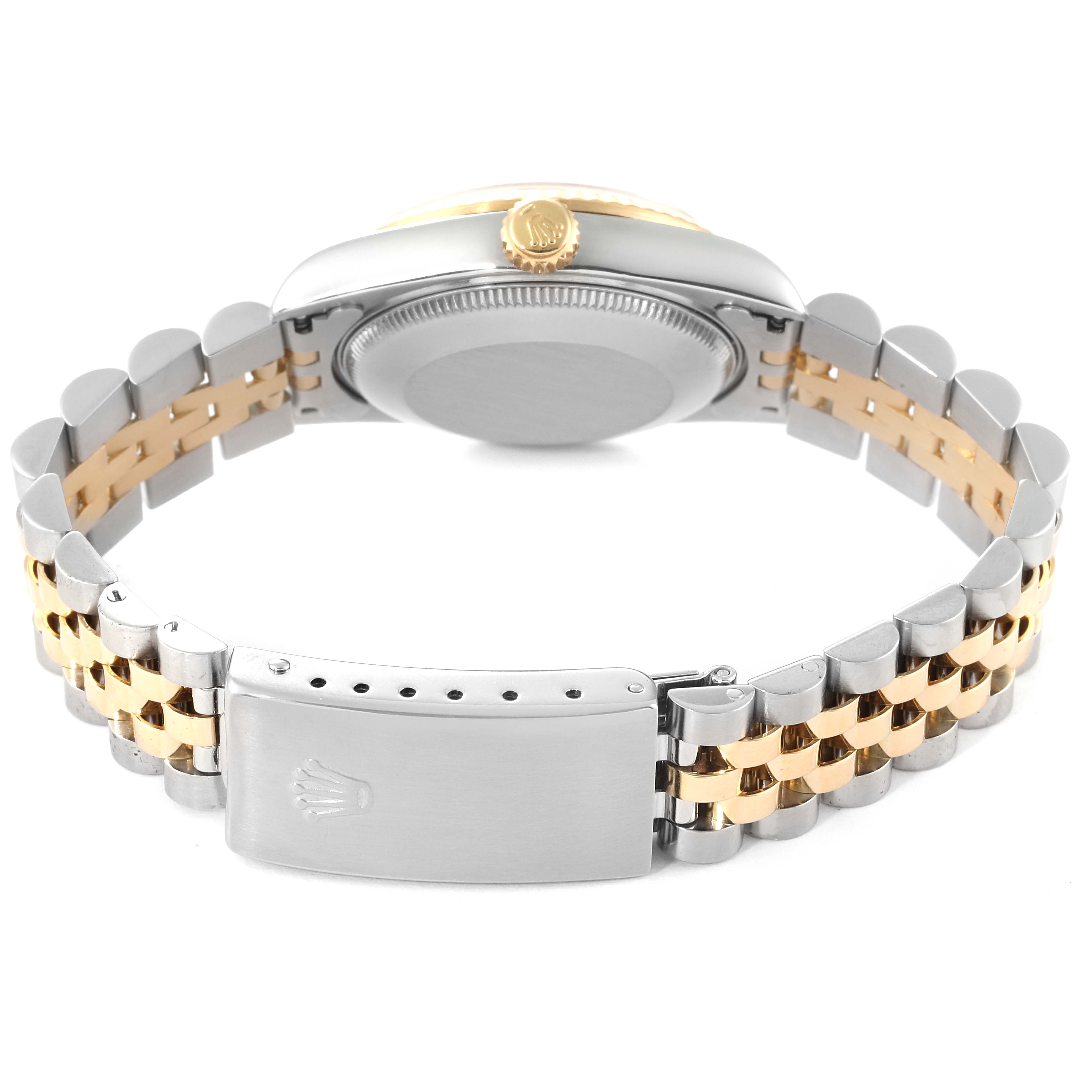 This image shows the back of a Mid-Size Rolex watch, highlighting its two-tone bracelet and clasp.