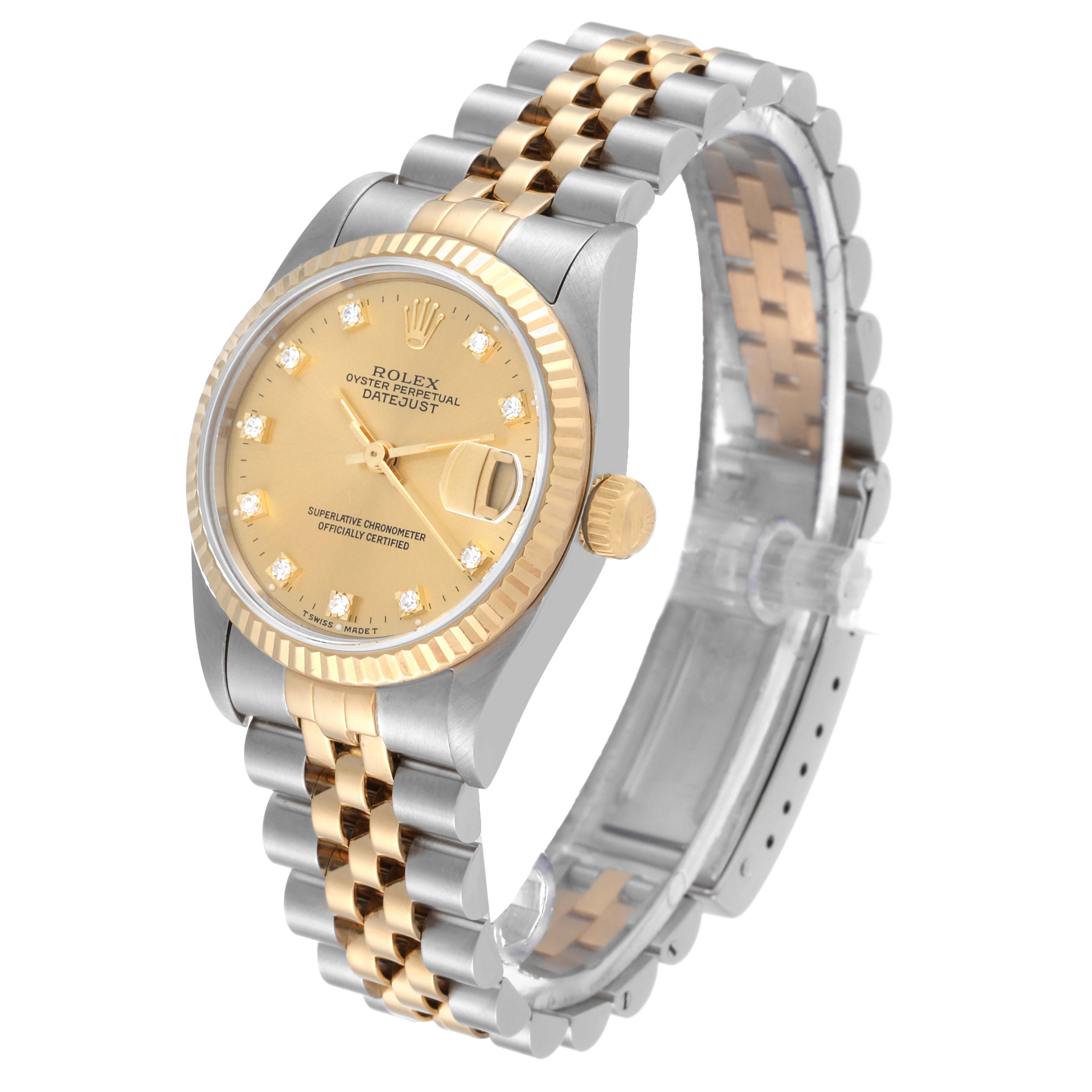 This image shows a tilted view of a Rolex Mid-Size 68273 Women's Steel and Gold (two tone) Champagne Dial 68273 Women's Steel and Gold (two tone) Champagne Dial Datejust watch, highlighting the dial, bezel, crown, and bracelet.