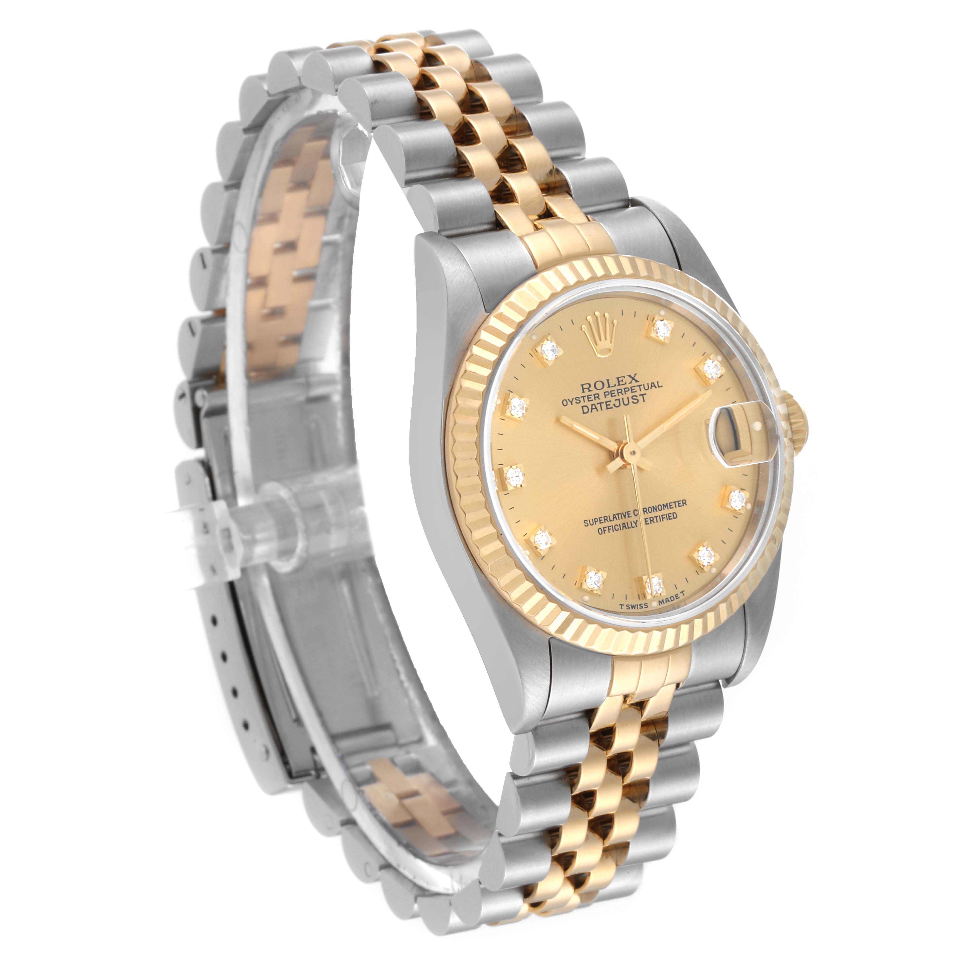 This Rolex Mid-Size 68273 Women's Steel and Gold (two tone) Champagne Dial 68273 Women's Steel and Gold (two tone) Champagne Dial Oyster Perpetual Datejust watch is shown from an angled side view, highlighting the dial, bezel, and bracelet.