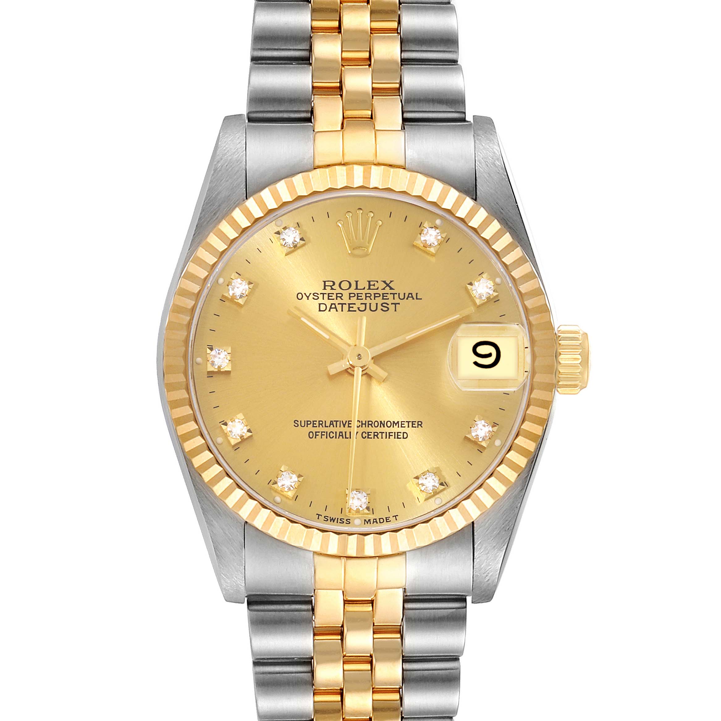 This image shows a front view of a Rolex Mid-Size 68273 Women's Steel and Gold (two tone) Champagne Dial 68273 Women's Steel and Gold (two tone) Champagne Dial Oyster Perpetual Datejust watch, highlighting its two-tone band, gold dial, and diamond markers.