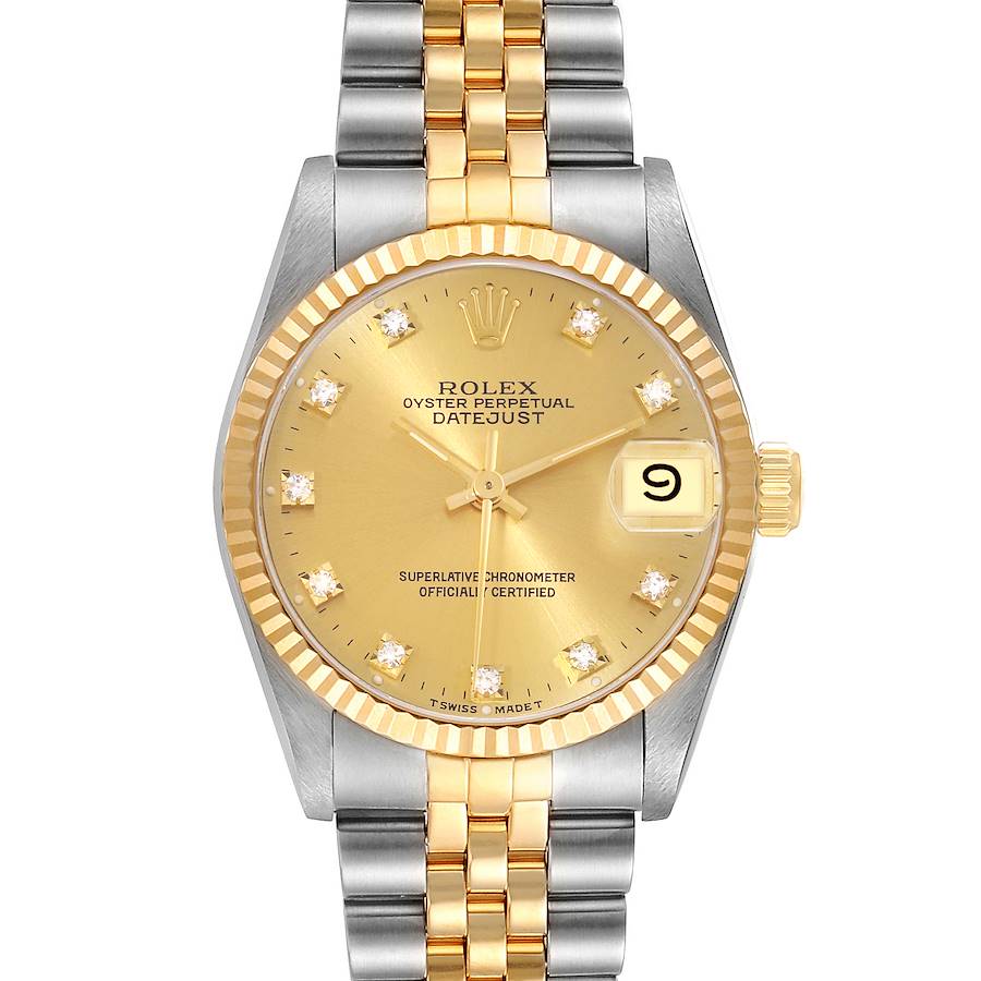 Rolex Datejust Midsize Steel Yellow Gold Champagne Diamond Dial Watch 68273 SwissWatchExpo
