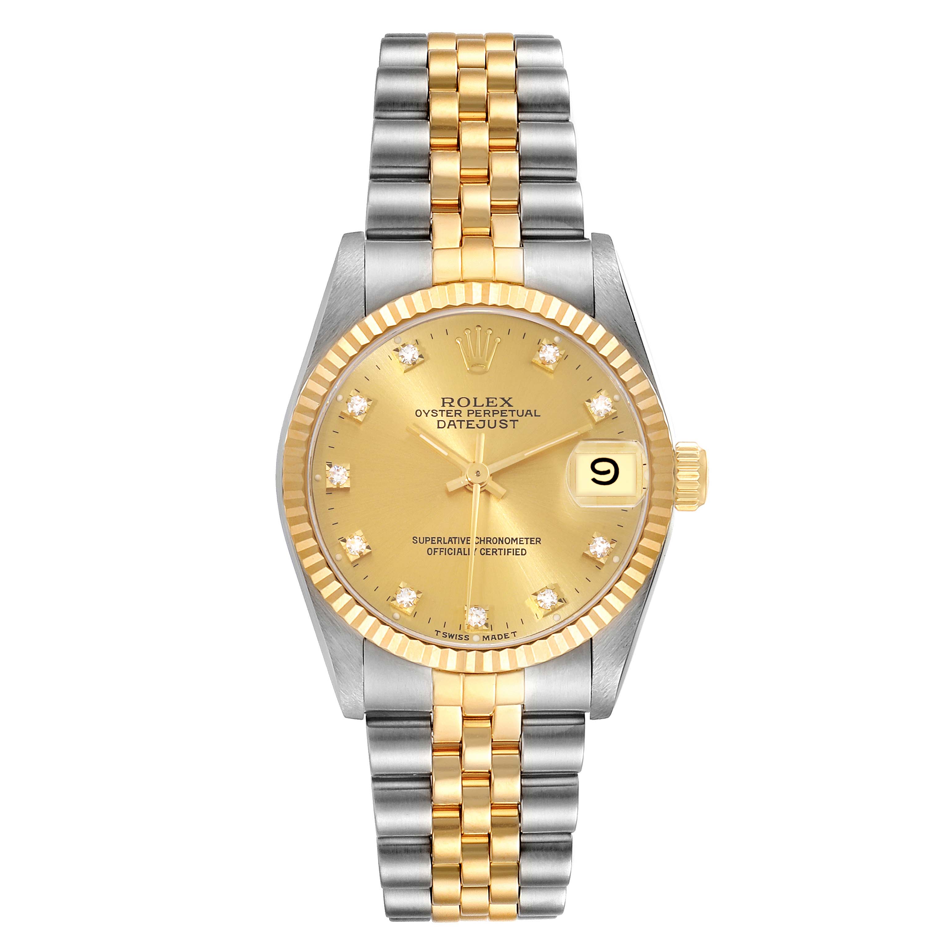 Front view of a Rolex Oyster Perpetual Datejust Mid-Size watch showing the dial, bezel, and two-tone bracelet.