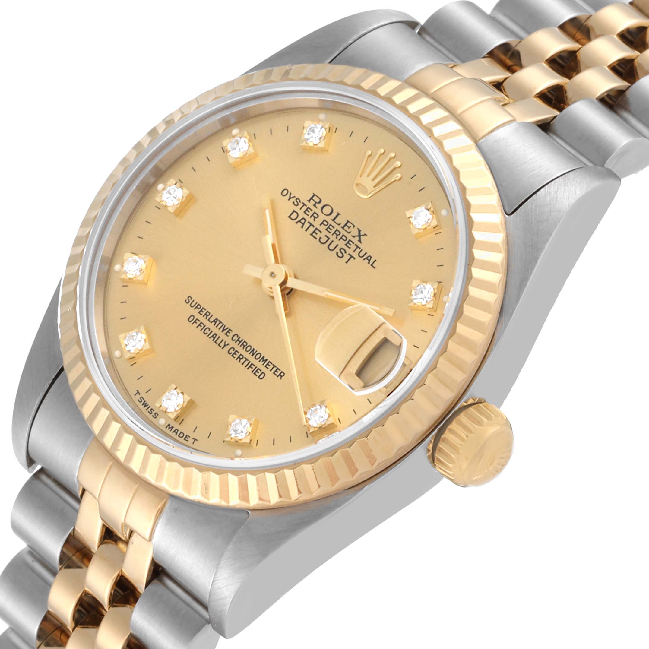 This is a close-up angle of the Rolex Mid-Size 68273 Women's Steel and Gold (two tone) Champagne Dial 68273 Women's Steel and Gold (two tone) Champagne Dial Oyster Perpetual Datejust, showing the dial, crown, and part of the bracelet.