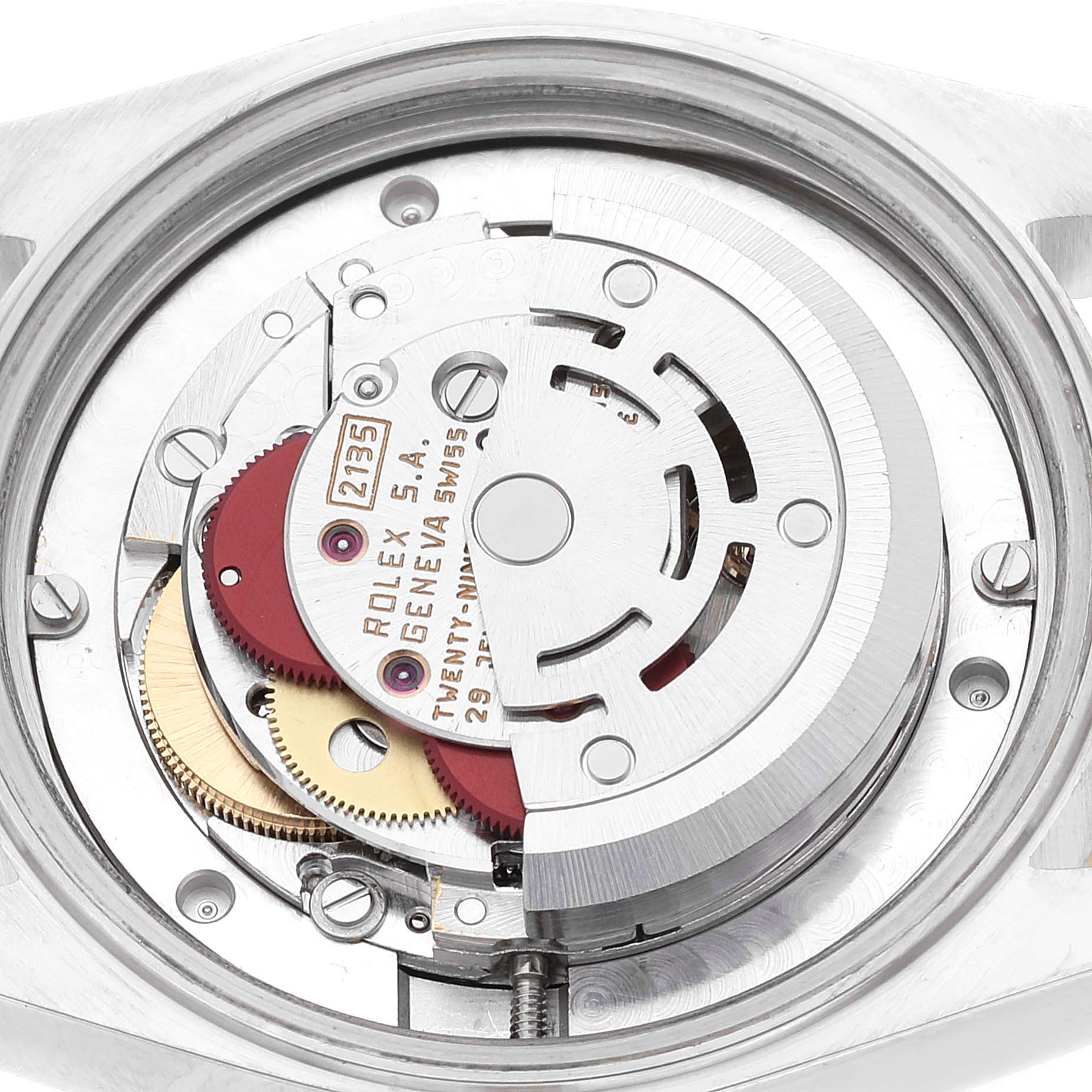 The image shows the internal mechanism and gears of a Rolex Mid-Size 68273 Women's Steel and Gold (two tone) Champagne Dial 68273 Women's Steel and Gold (two tone) Champagne Dial model watch viewed from the back.