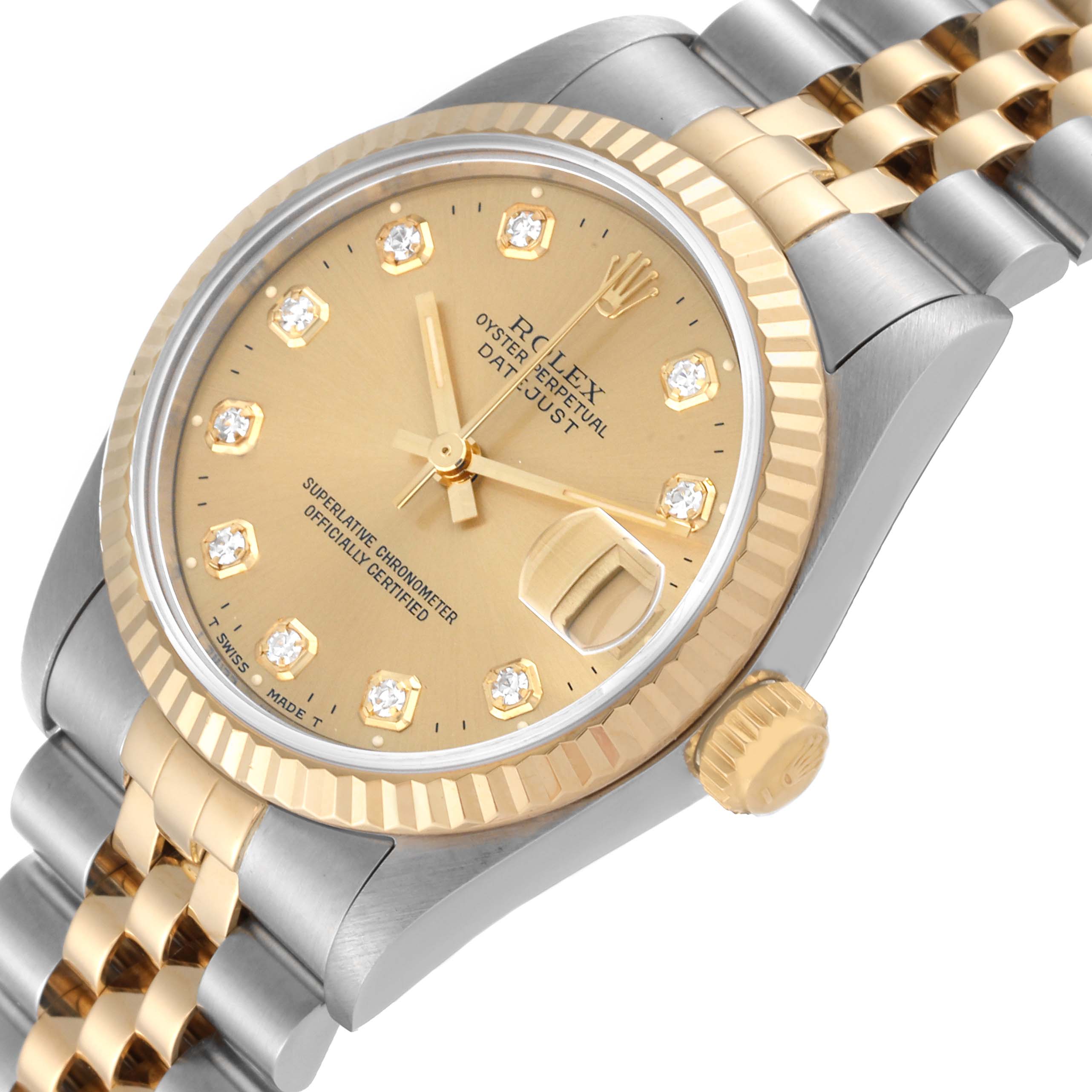 The Rolex Mid-Size 68273 Women's Steel and Gold (two tone) Champagne Dial 68273 Women's Steel and Gold (two tone) Champagne Dial model watch is shown at an angled top view, highlighting the dial, bezel, and bracelet.