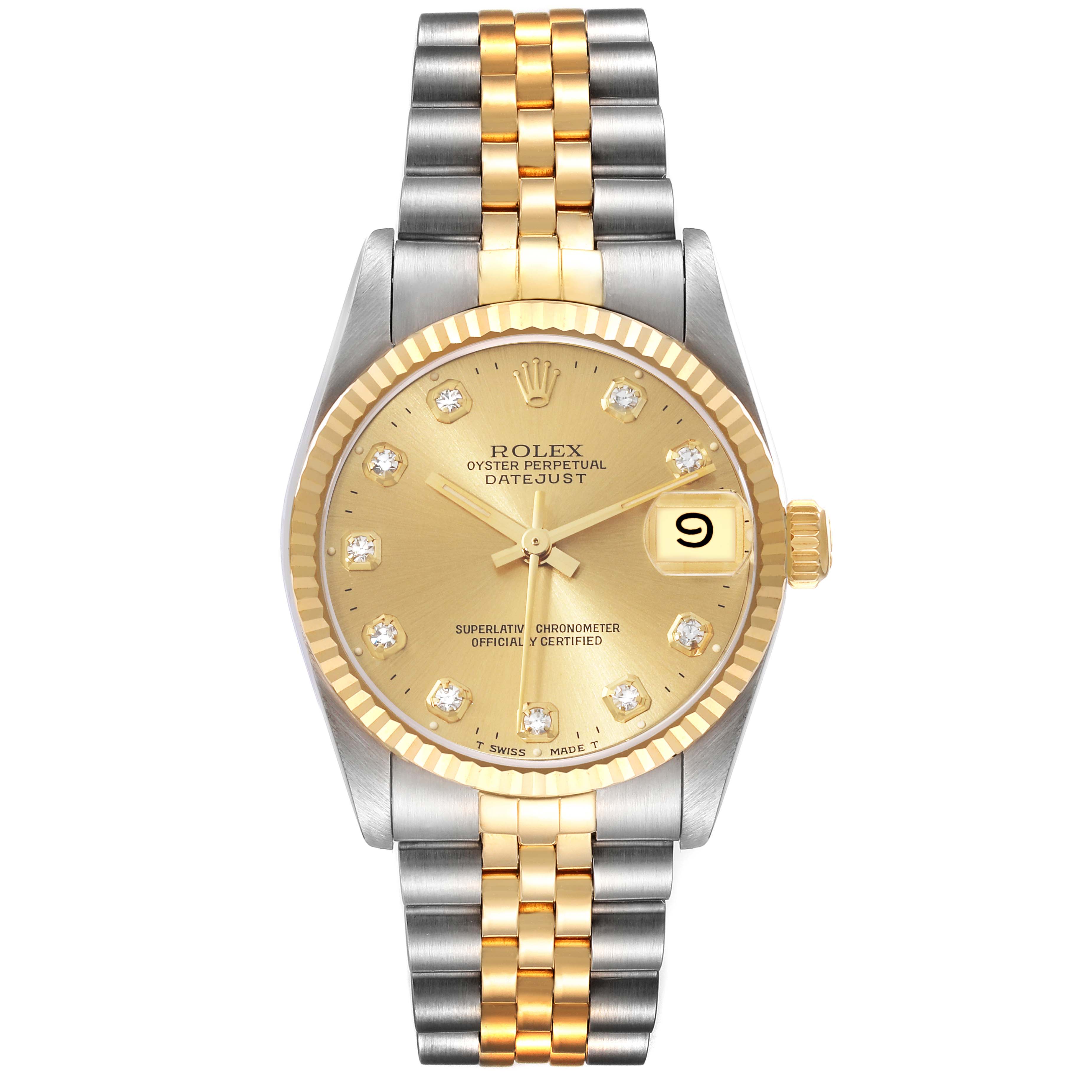 The image shows a front view of a Mid-Size Rolex Oyster Perpetual Datejust with a gold and silver bracelet and diamond hour markers.