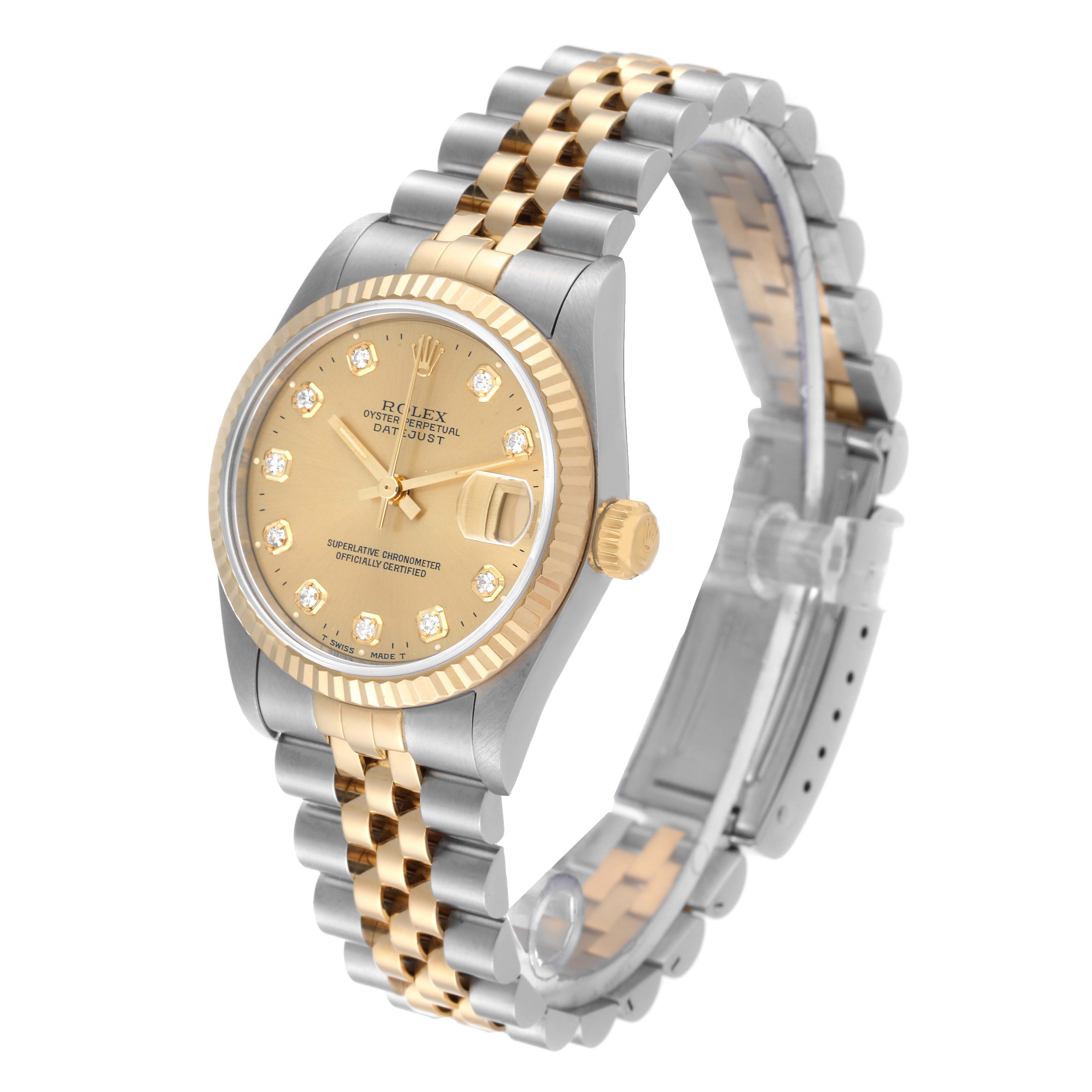 A Mid-Size Rolex watch shown at a three-quarter angle, displaying the face, bezel, crown, and two-tone bracelet.