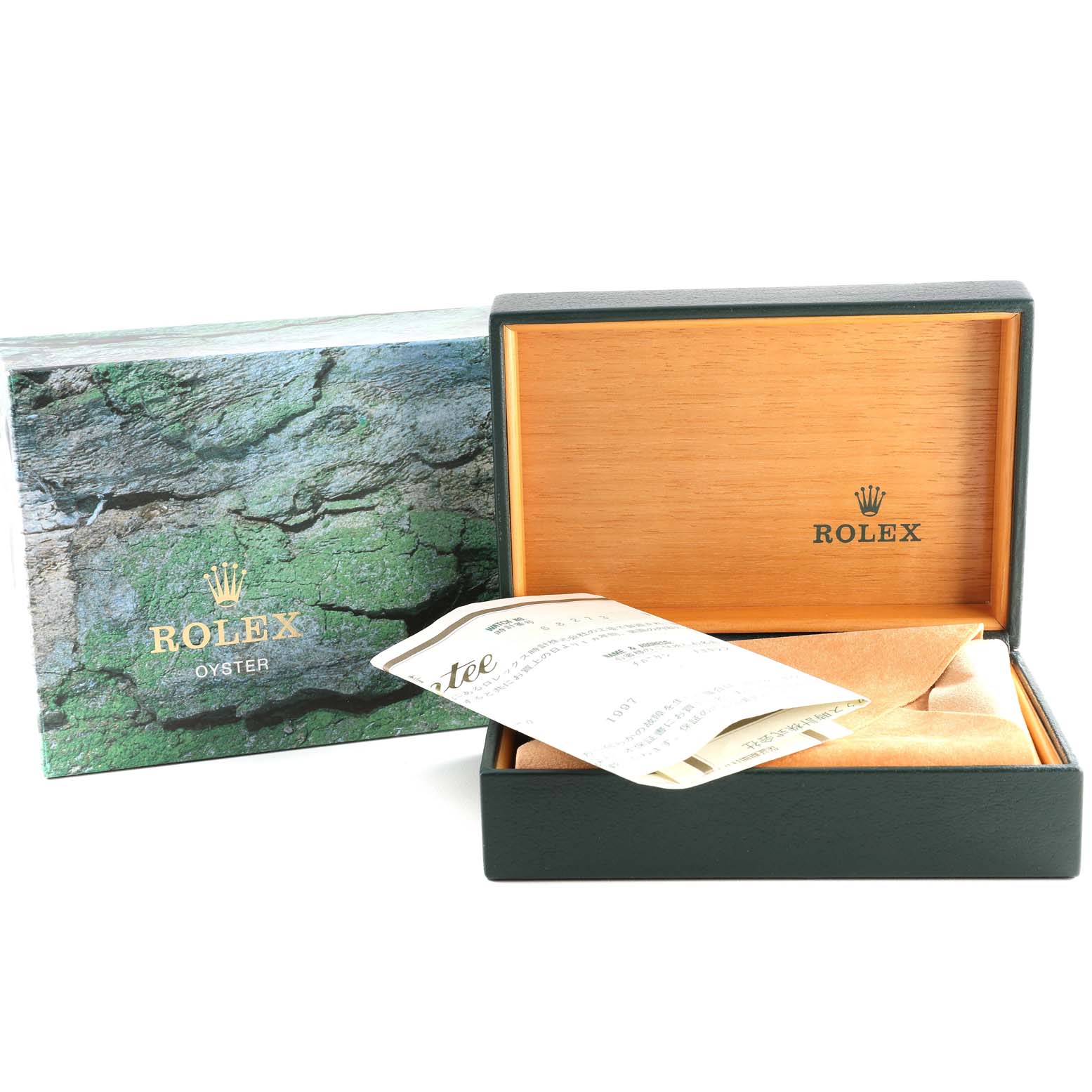This image shows the packaging and documents for a Mid-Size Rolex watch, including the branded box and papers.