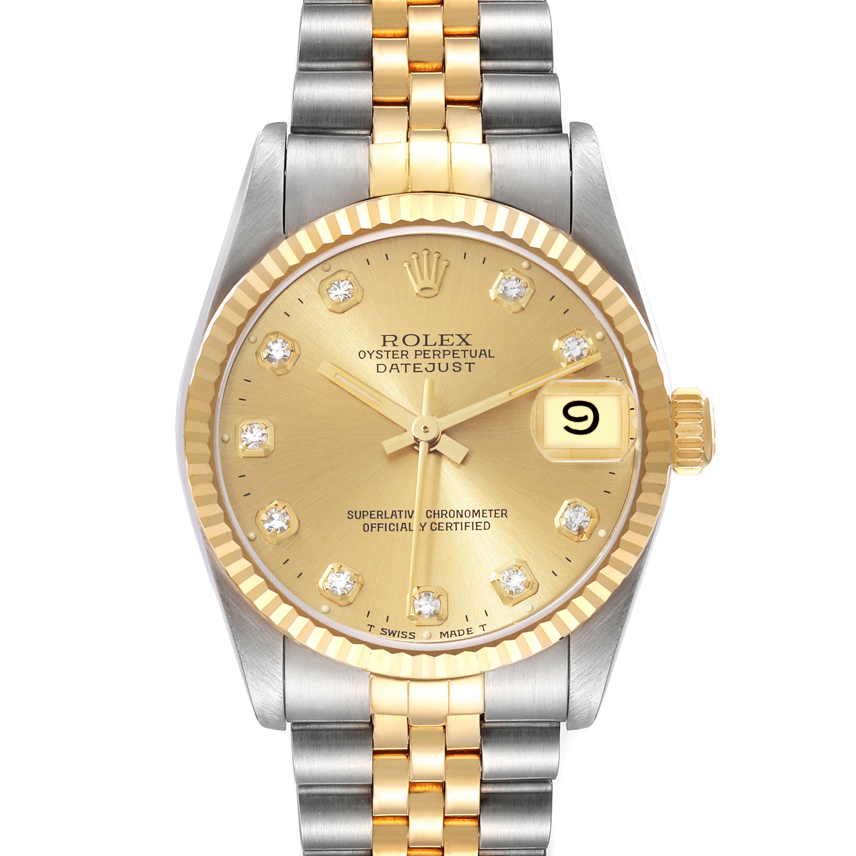 The Rolex Mid-Size 68273 Women's Steel and Gold (two tone) Champagne Dial 68273 Women's Steel and Gold (two tone) Champagne Dial Oyster Perpetual Datejust is shown from a front angle, highlighting its gold dial, bezel, and two-tone bracelet.