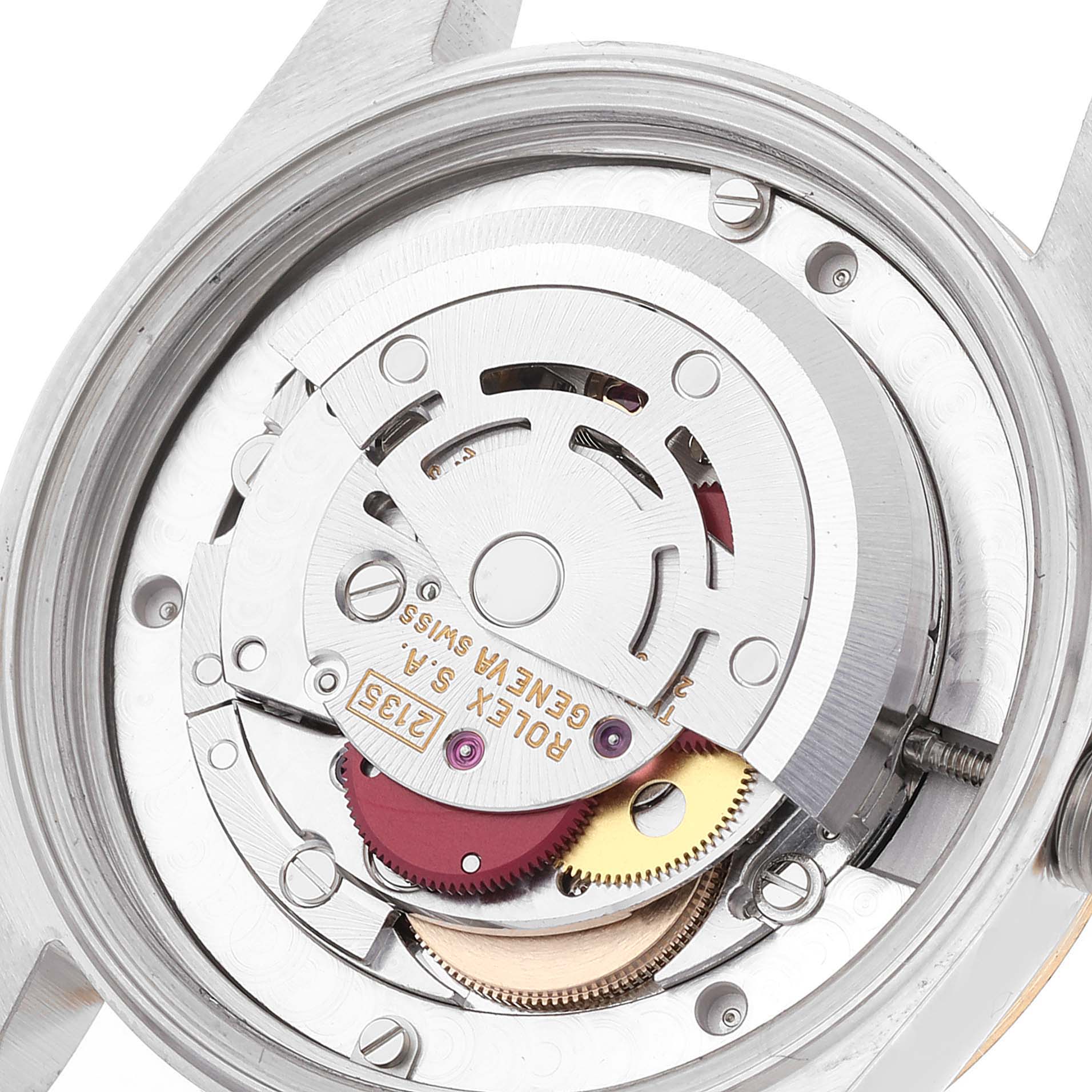 This image shows the internal movement components of a Mid-Size Rolex watch from a top-down angle.