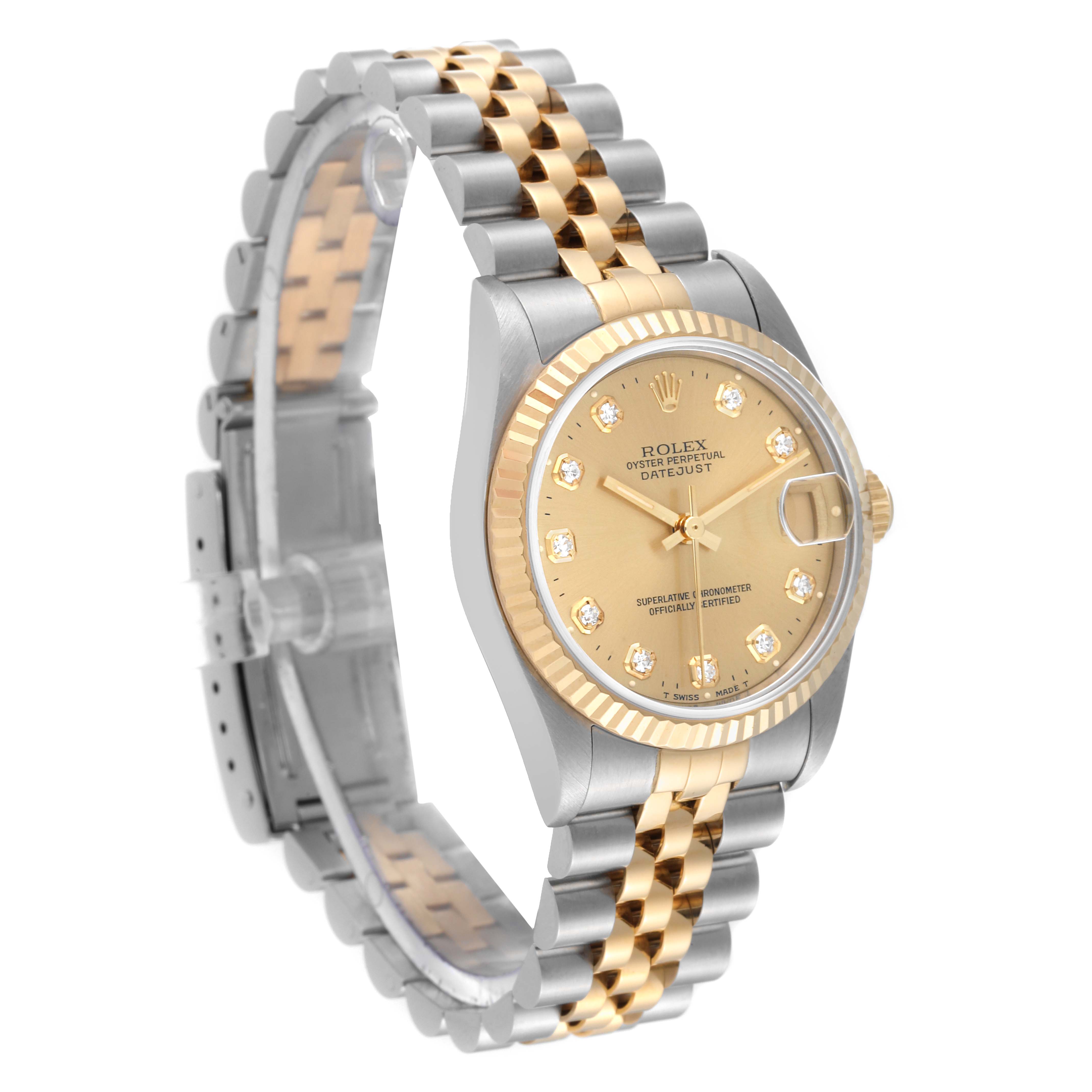 The image showcases a Rolex Mid-Size 68273 Women's Steel and Gold (two tone) Champagne Dial 68273 Women's Steel and Gold (two tone) Champagne Dial Datejust watch from an angled view, highlighting its two-tone bracelet, dial, and bezel.