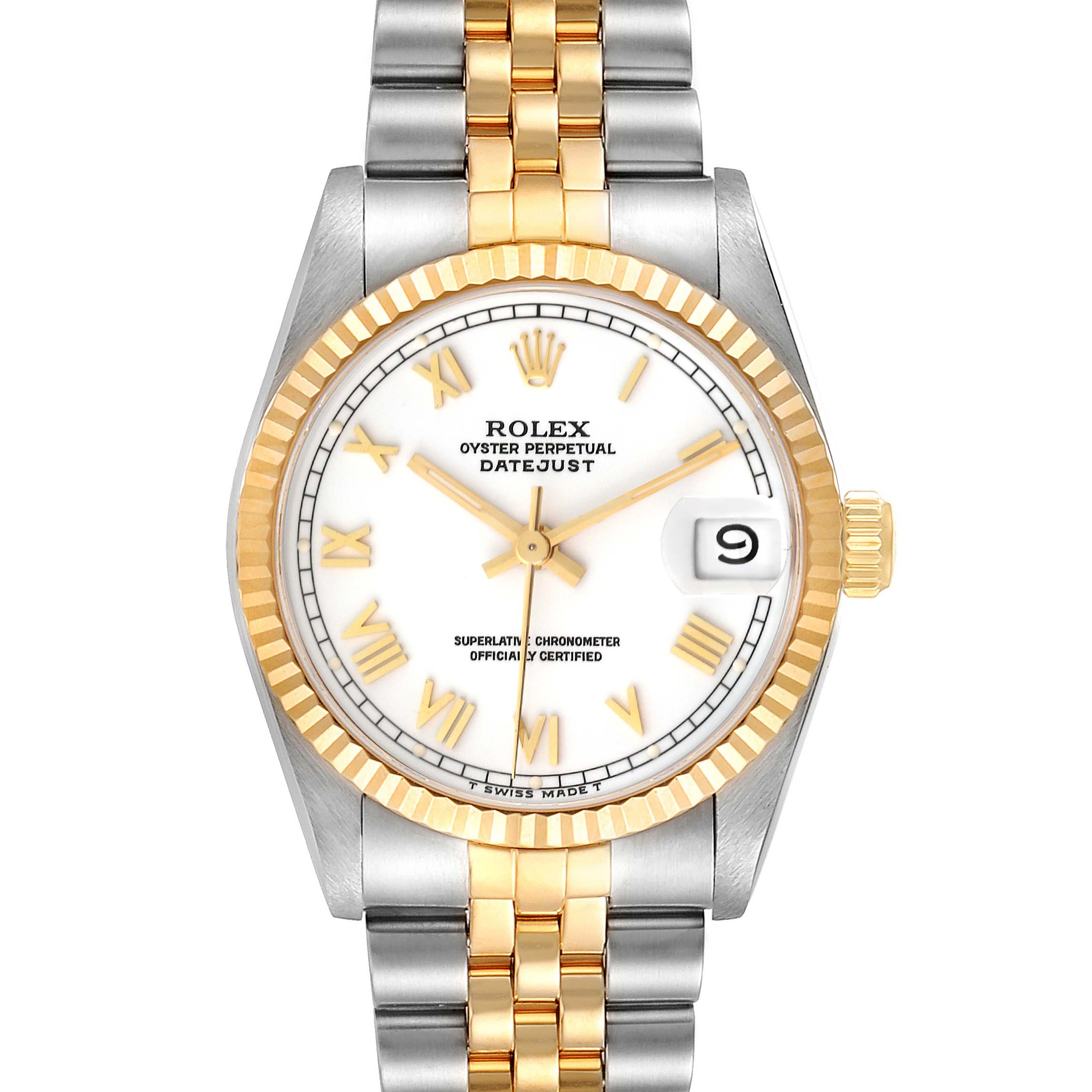 This is a front view of a Rolex Datejust Mid-Size watch, showing the dial, hands, bezel, and bracelet.