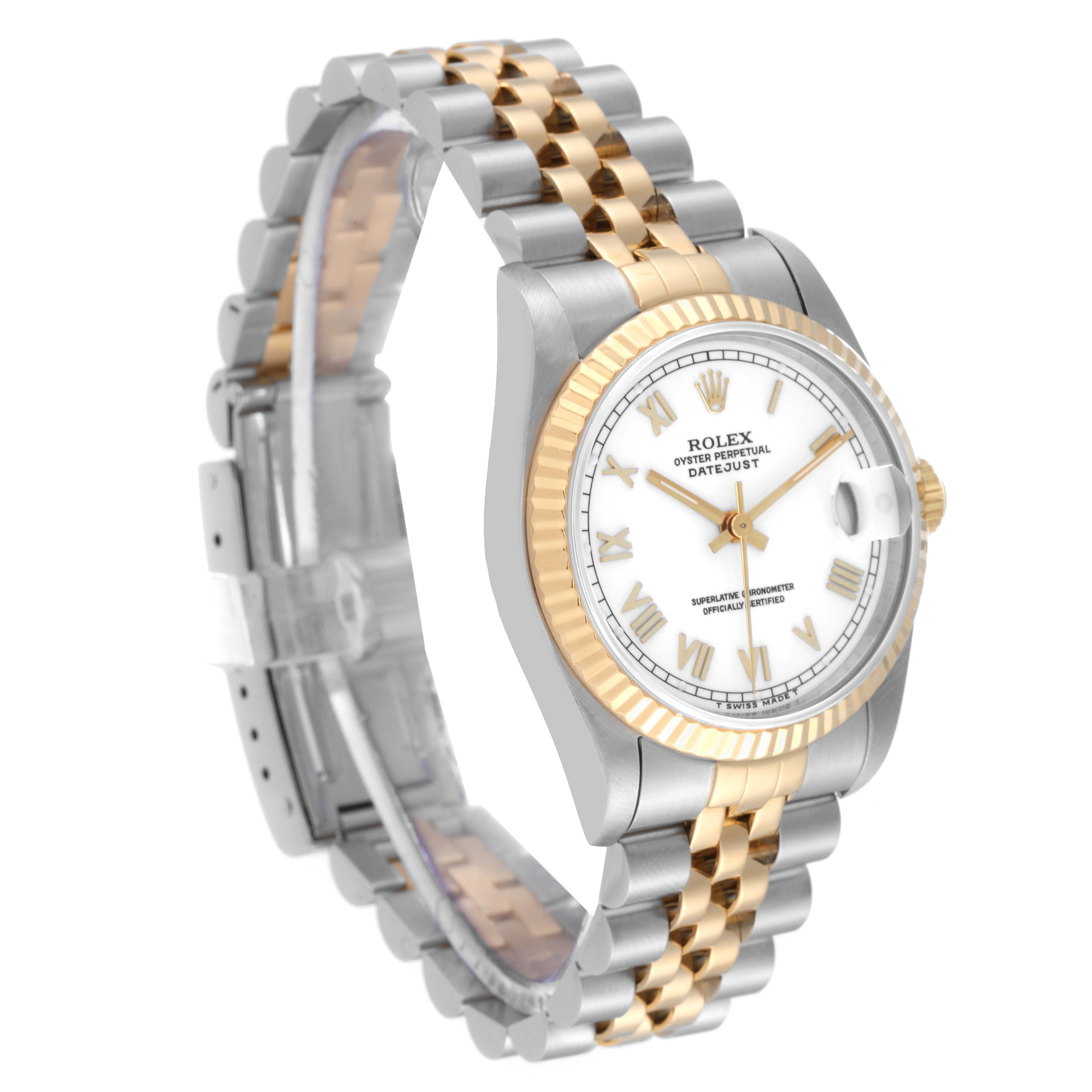 This image shows a side angle of a Rolex Mid-Size 68273 Women's Steel and Gold (two tone) White Dial 68273 Women's Steel and Gold (two tone) White Dial Oyster Perpetual Datejust, displaying its dial, bracelet, and fluted bezel.