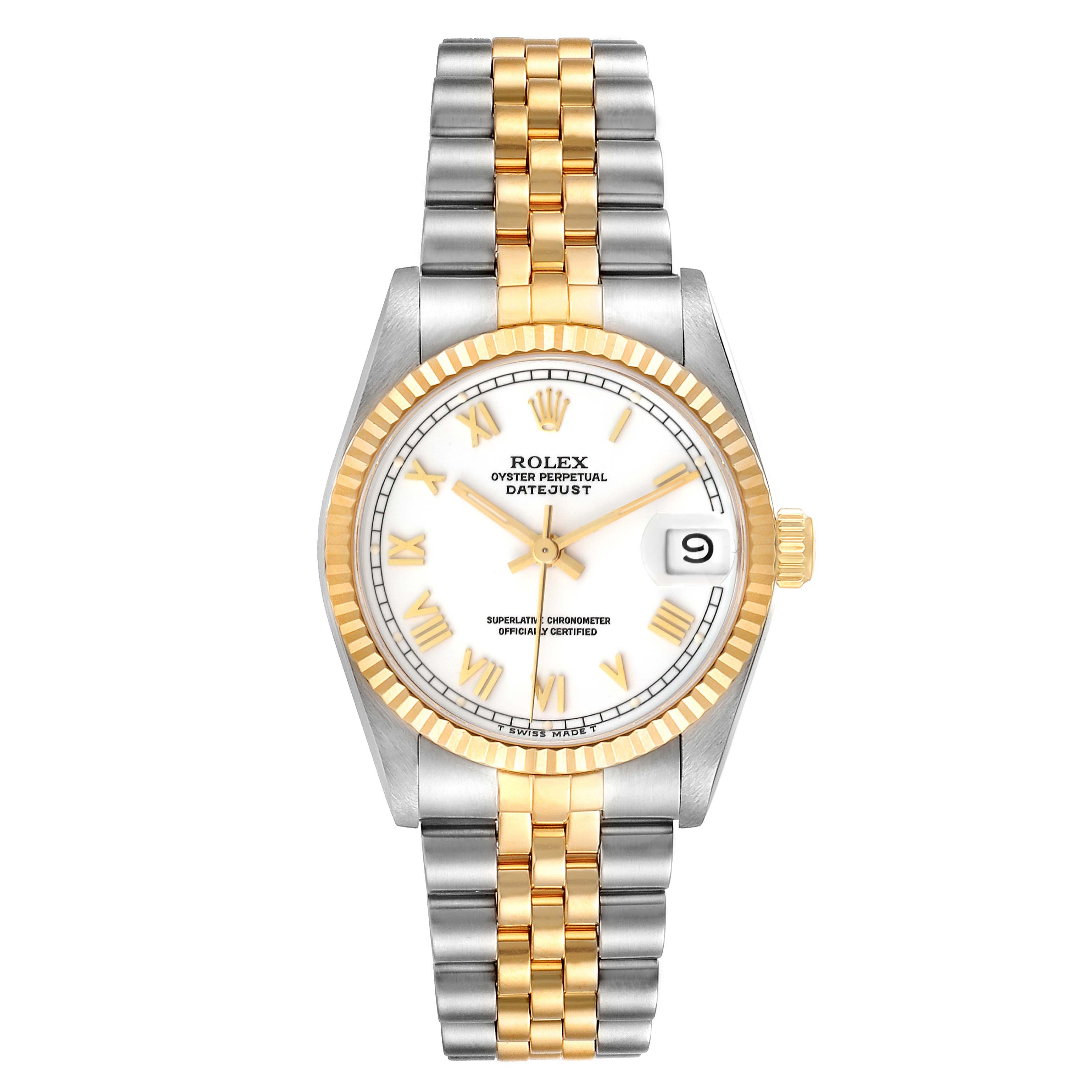 The image shows a front view of the Rolex Oyster Perpetual Datejust Mid-Size watch with a two-tone metal bracelet and fluted bezel.