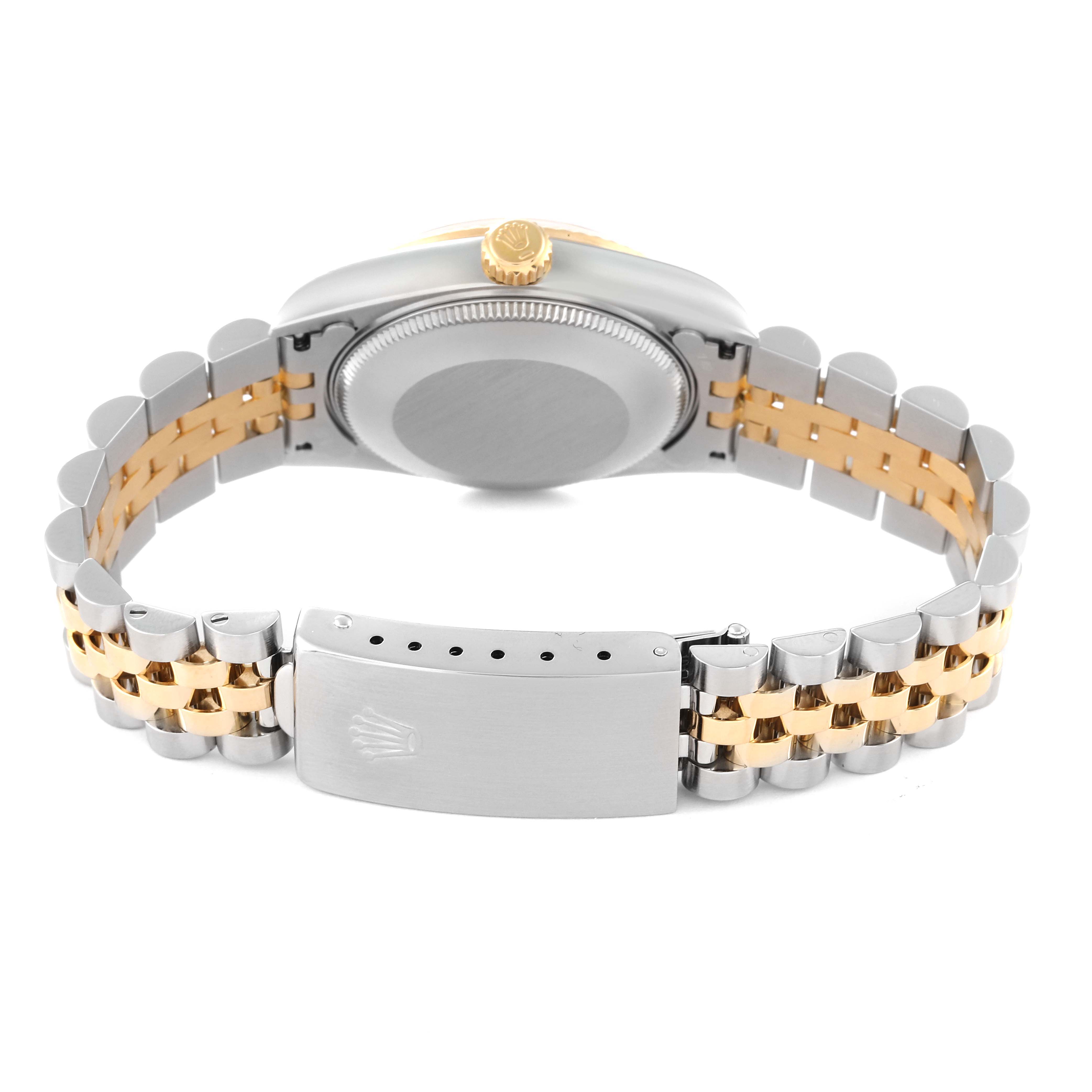 The image shows the back view of a Rolex Mid-Size 68273 Women's Steel and Gold (two tone) White Dial 68273 Women's Steel and Gold (two tone) White Dial watch focusing on the caseback and two-tone bracelet with the clasp visible.