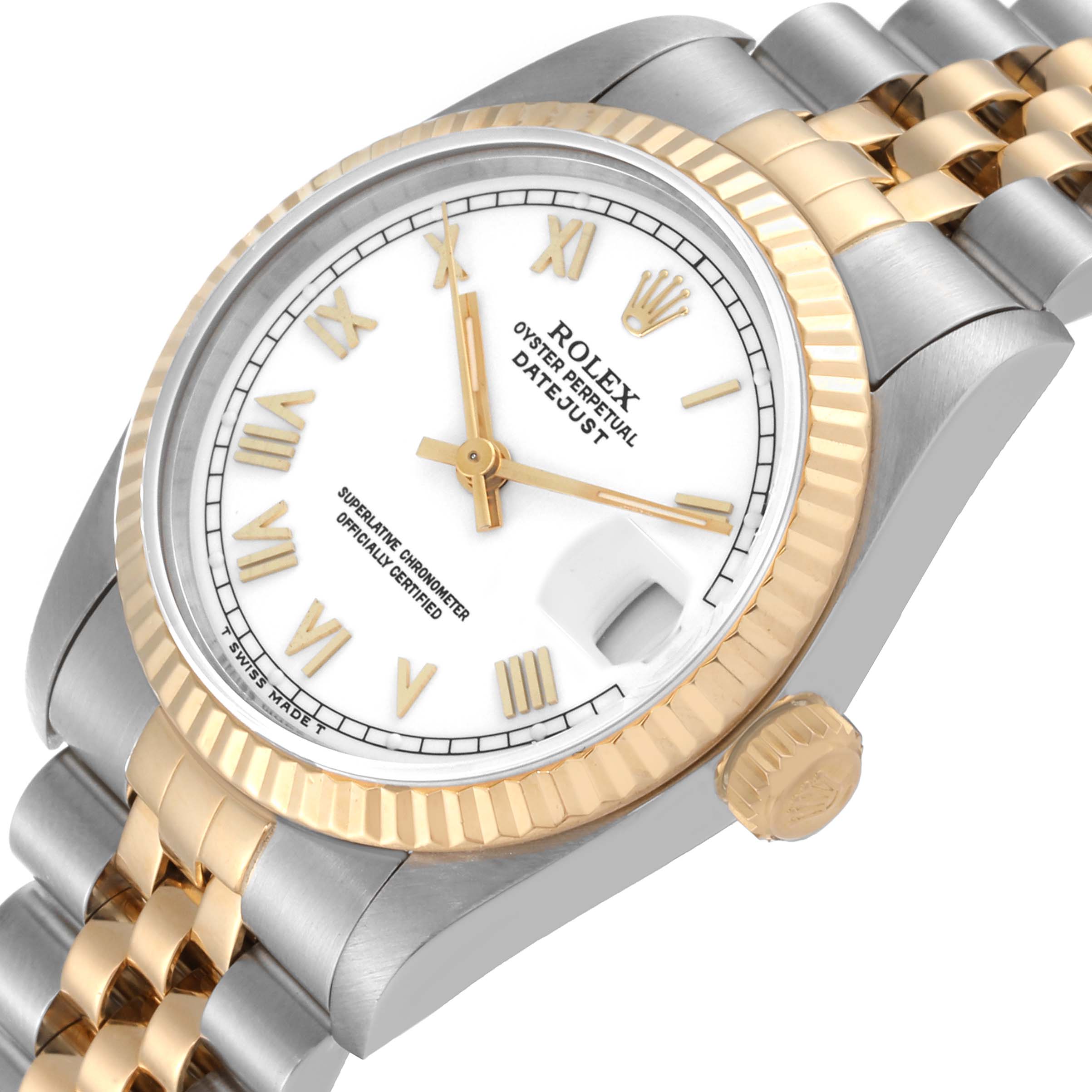 The image shows a Rolex Mid-Size 68273 Women's Steel and Gold (two tone) White Dial 68273 Women's Steel and Gold (two tone) White Dial Datejust watch at a slight angle, highlighting the dial, bezel, crown, and part of the bracelet.
