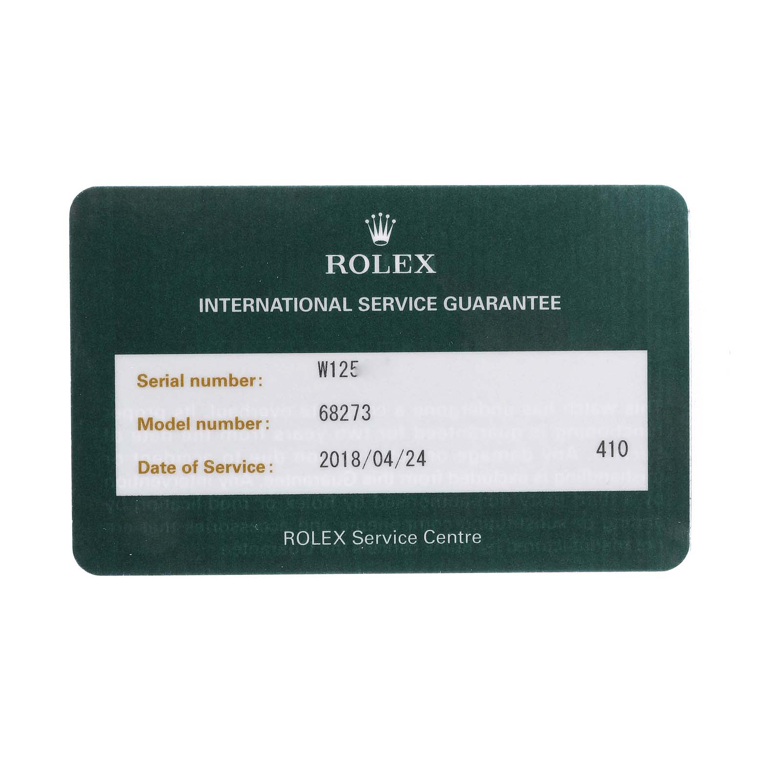 The image shows a Rolex International Service Guarantee card for a Mid-Size Rolex model 68273.