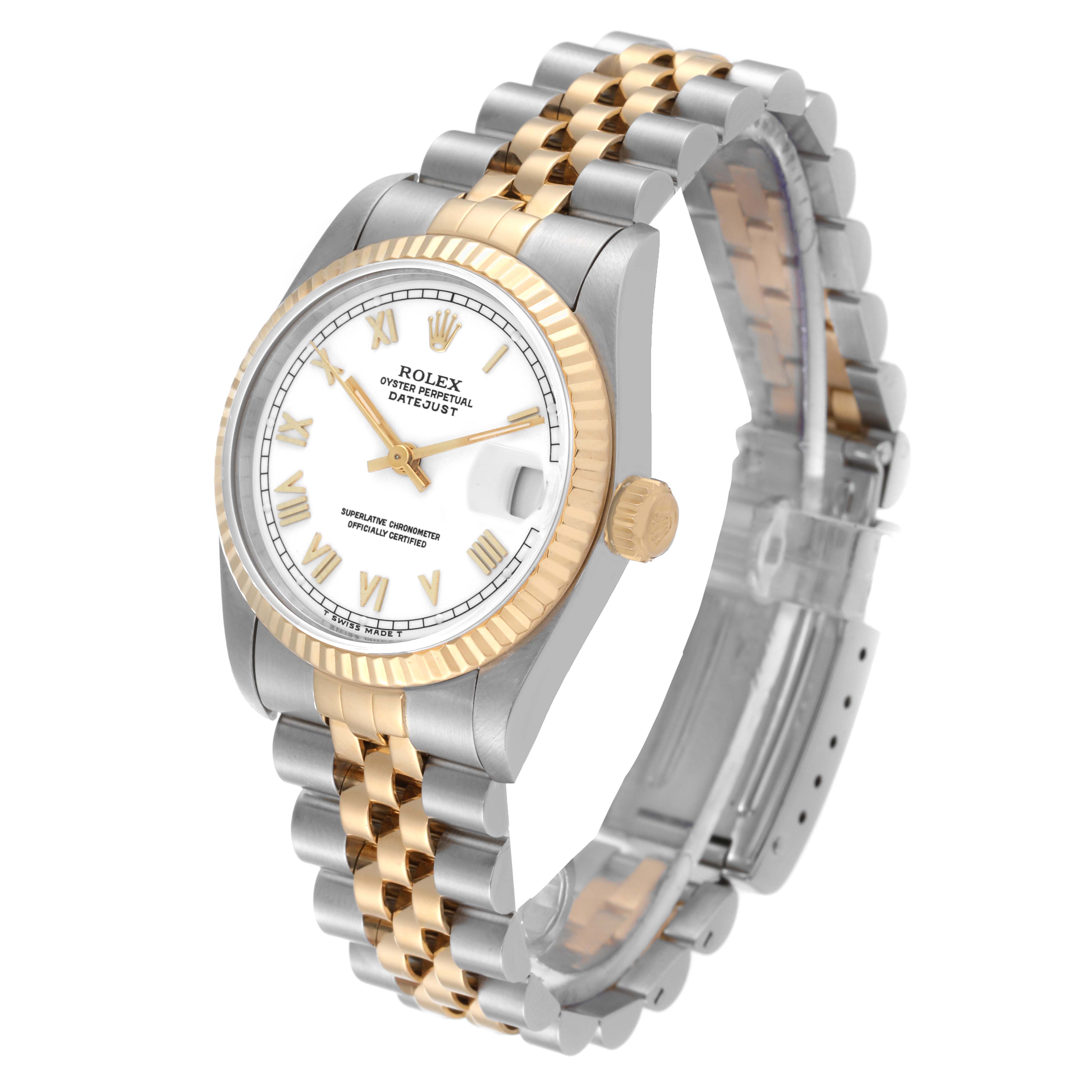 The image shows a Rolex Oyster Perpetual Datejust Mid-Size watch at a three-quarter angle, highlighting its two-tone bracelet, bezel, and crown.