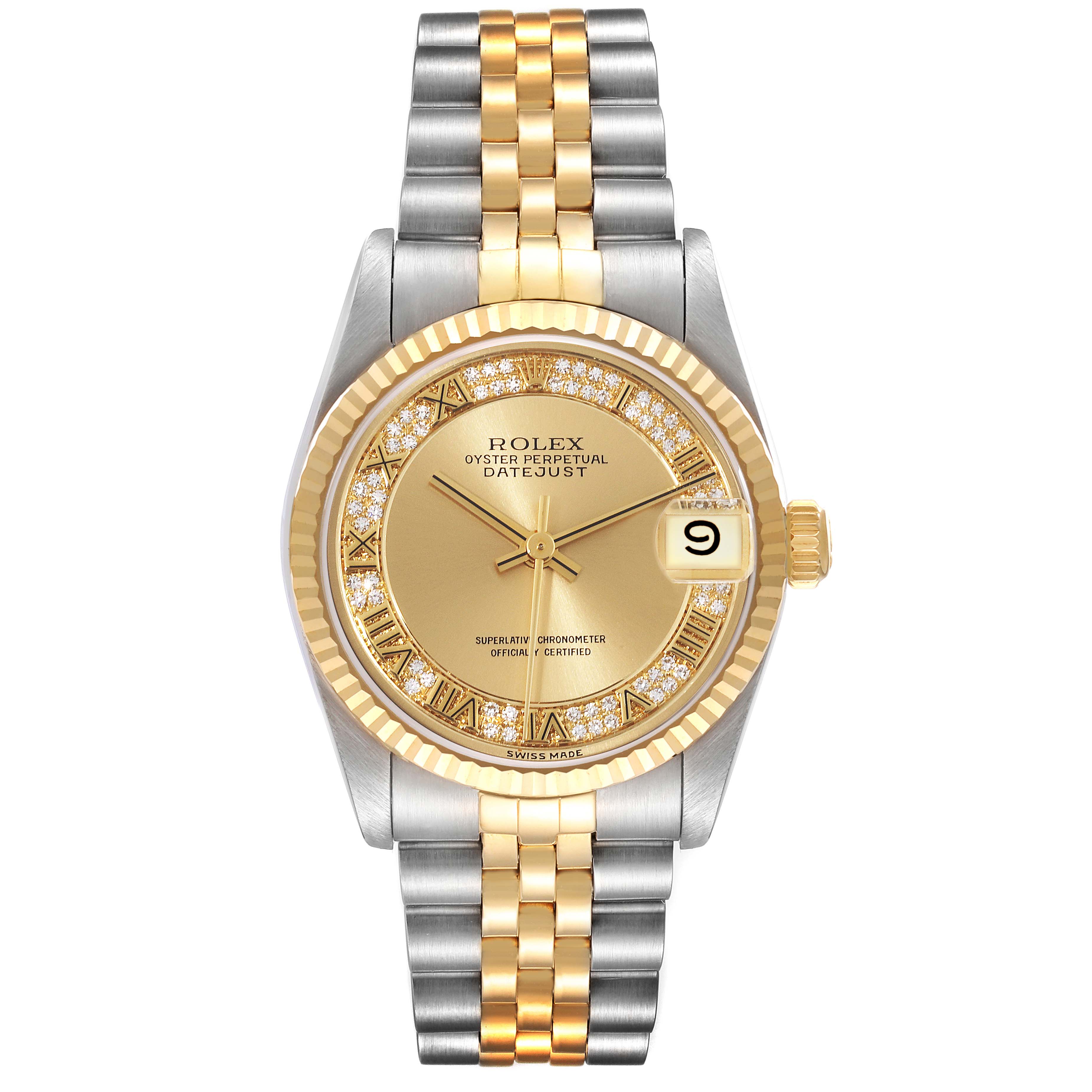 This Rolex Mid-Size 68273 Women's Steel and Gold (two tone) Champagne Dial 68273 Women's Steel and Gold (two tone) Champagne Dial Oyster Perpetual Datejust watch is shown from a top-down angle, featuring the dial, bezel, and band.