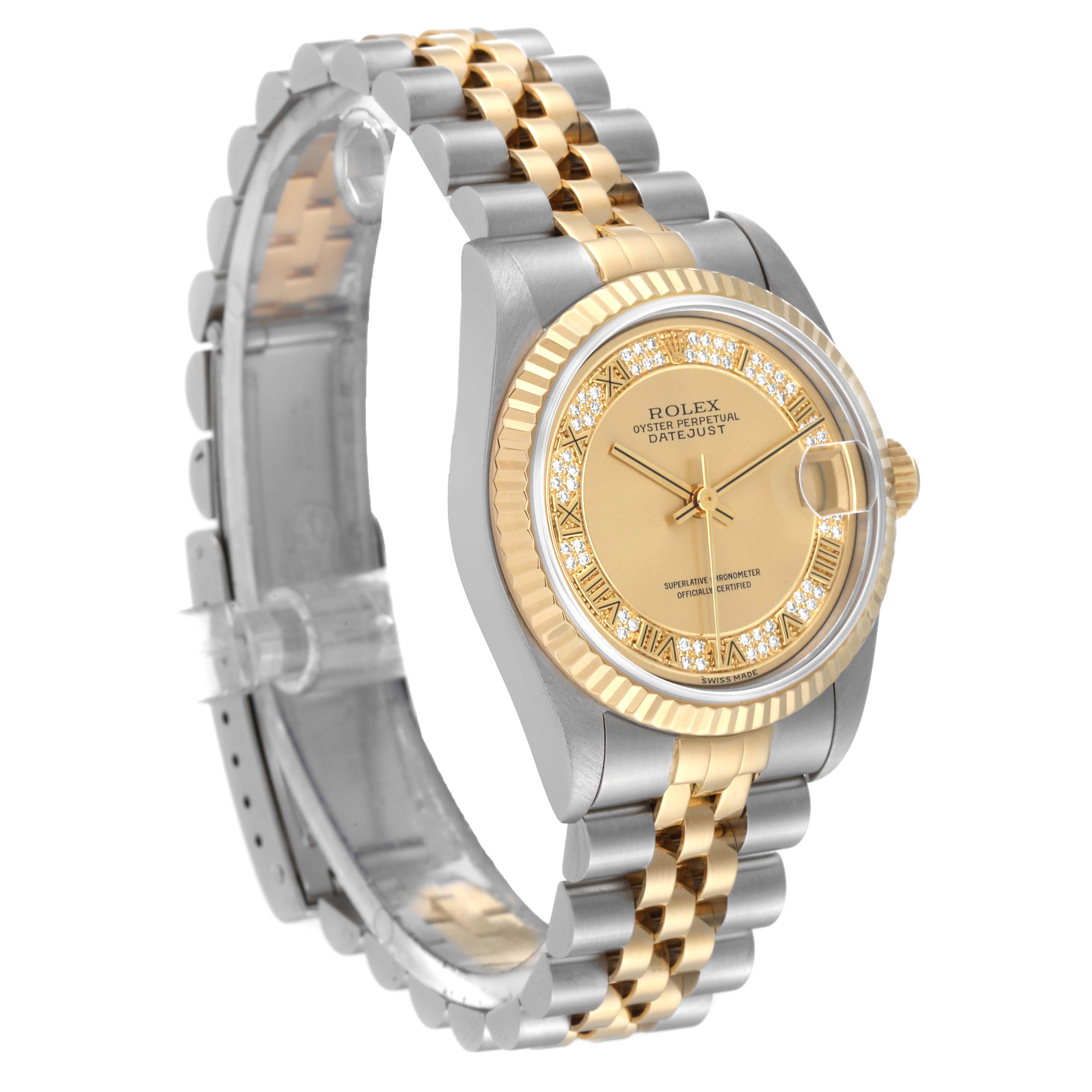 The image shows a side angle of a Rolex Datejust Mid-Size watch, featuring its bezel, dial, and two-tone bracelet.