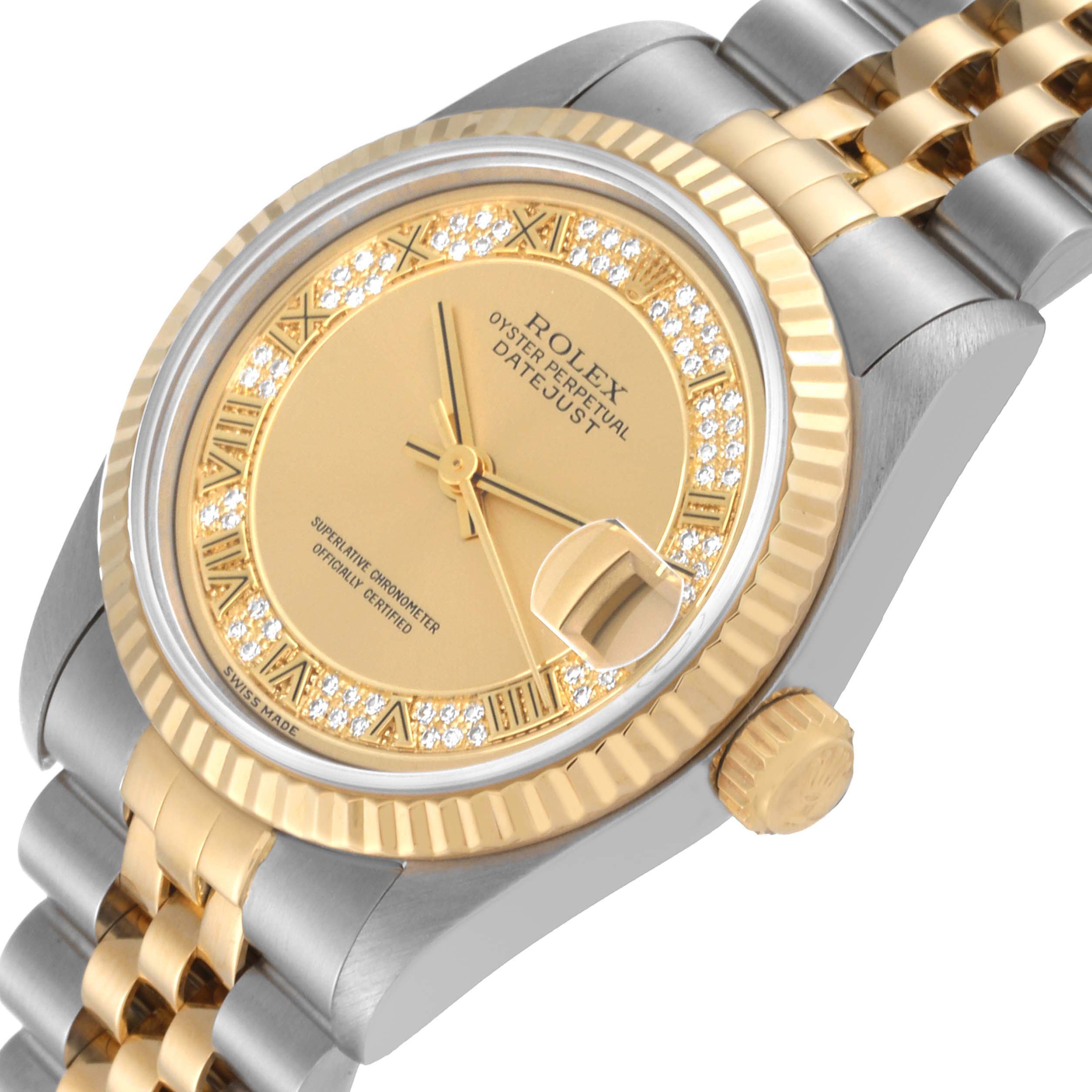 The image shows a close-up angled view of the face, bezel, crown, and part of the bracelet of a Mid-Size Rolex Oyster Perpetual Datejust watch.