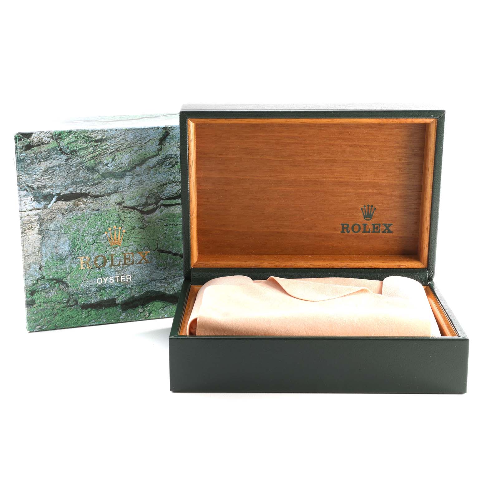 The image shows an open Rolex Oyster watch box and an outer box for a Mid-Size model.