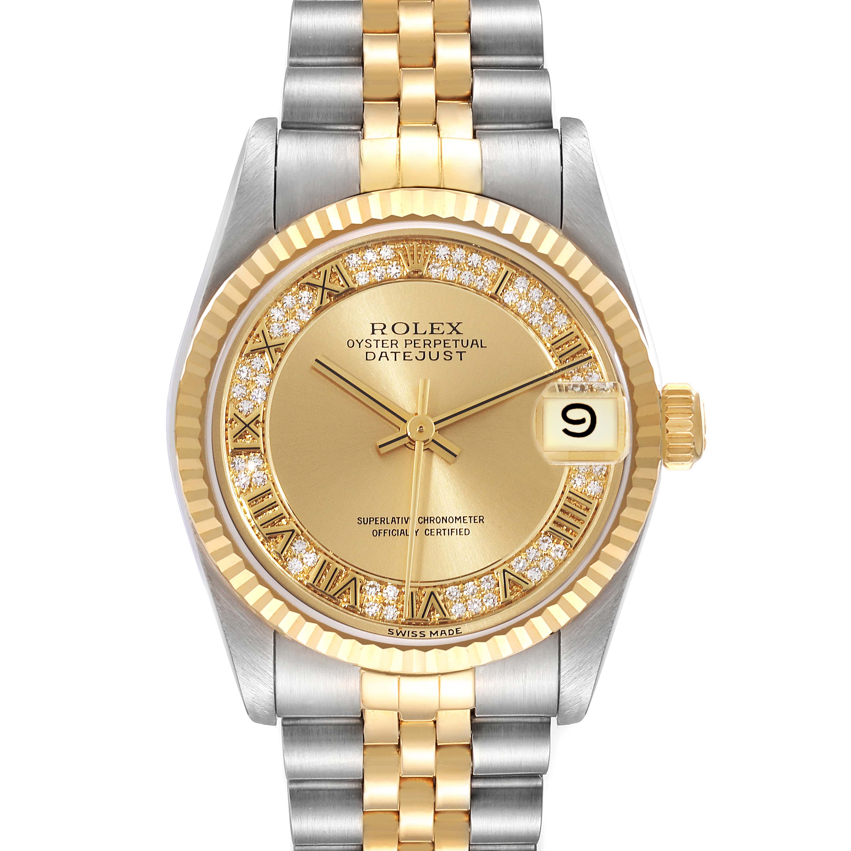 This image shows a front view of a Rolex Oyster Perpetual Datejust Mid-Size watch, featuring a gold dial and two-tone bracelet.