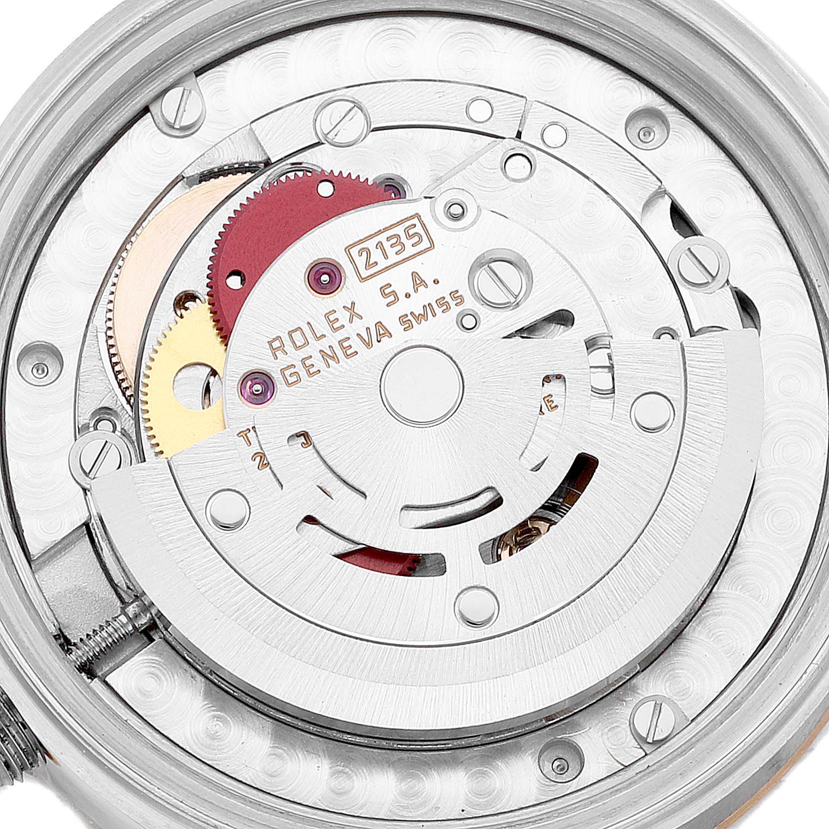 This image shows a close-up, angled view of the Rolex Mid-Size 68273 Women
s Steel and Gold (two tone) Champagne Dial 68273 Women
s Steel and Gold (two tone) Champagne Dial model
s internal mechanism and components.