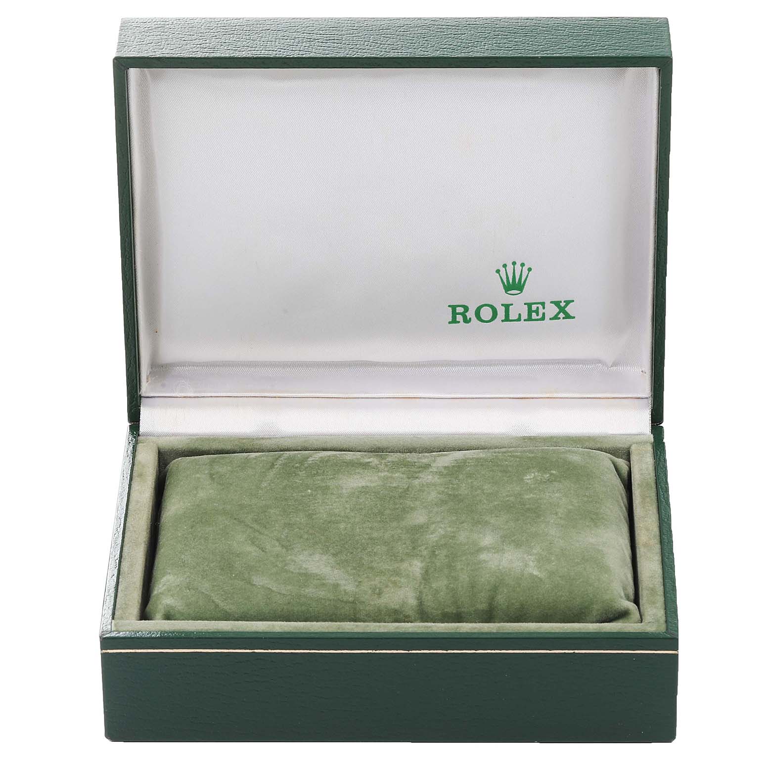 The image shows an open green Rolex box for a Mid-Size model, displaying the interior with a green cushion.