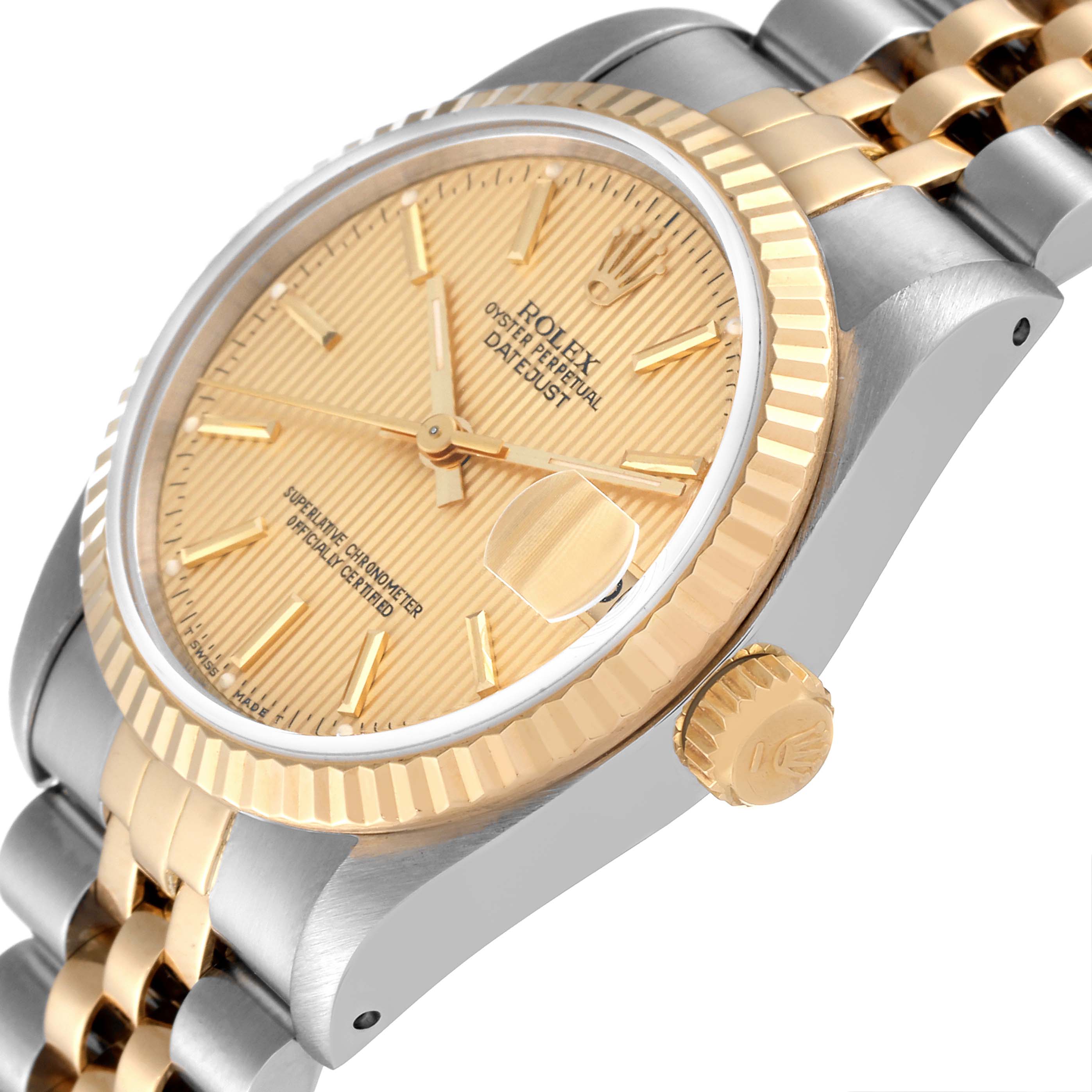 This image shows a mid-side angle featuring the crown, bezel, dial, and part of the bracelet of the Rolex Oyster Perpetual Datejust Mid-Size.