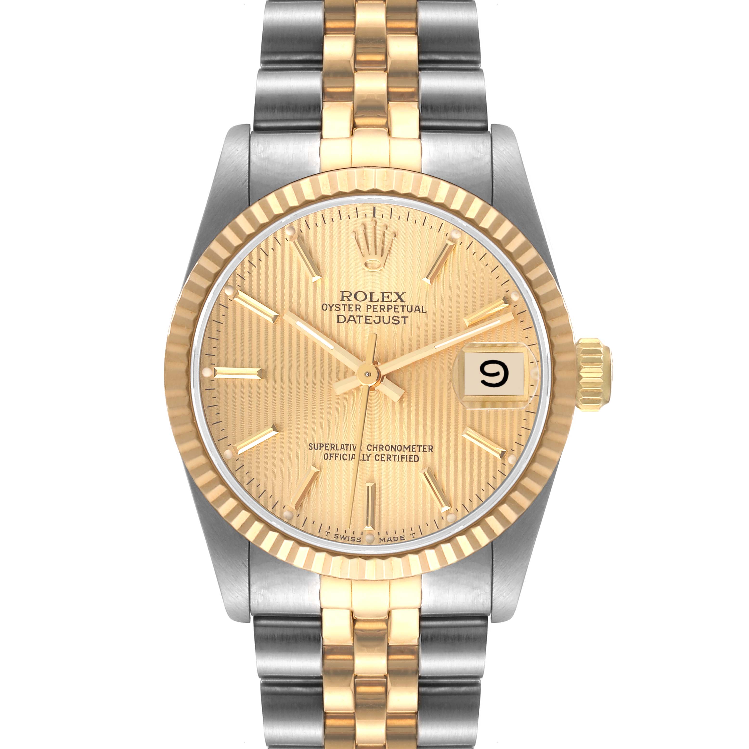The front view shows a Mid-Size Rolex Oyster Perpetual Datejust watch with a gold and silver bracelet.