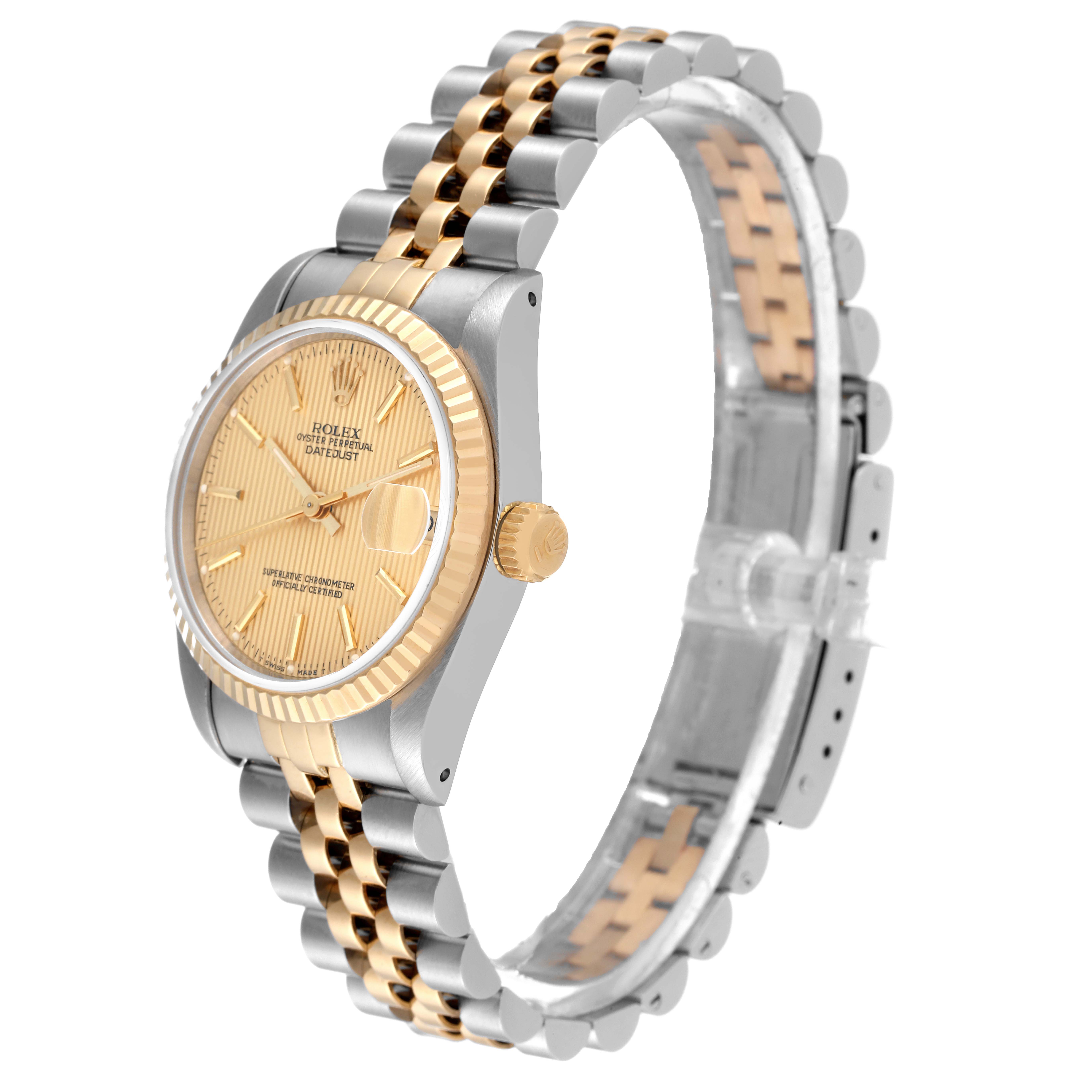 This image shows a side angle of a Rolex Mid-Size 68273 Women
s Steel and Gold (two tone) Champagne Dial 68273 Women
s Steel and Gold (two tone) Champagne Dial Datejust watch, highlighting its dial, crown, case, and two-tone bracelet.