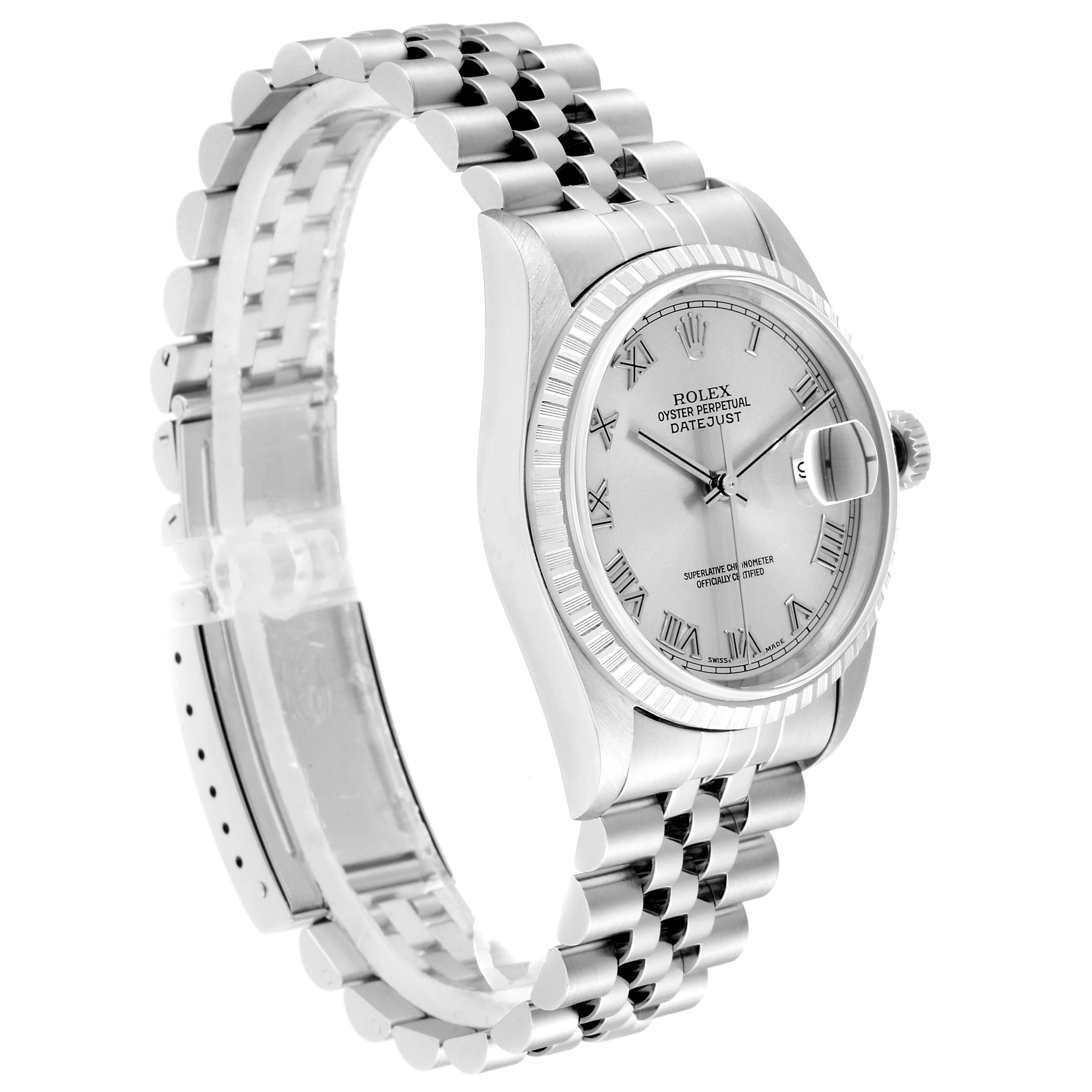 The image shows a Rolex Datejust 16220 Men's Stainless Steel Silver Dial 16220 Men's Stainless Steel Silver Dial watch at a slight angle, highlighting its face, bezel, and bracelet.