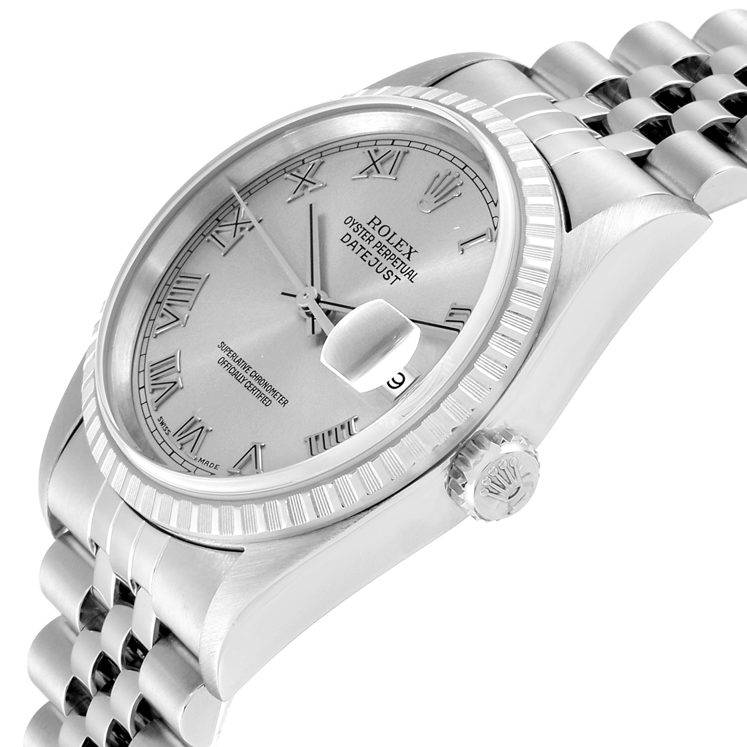 The image shows a side angle of the Rolex Datejust 16220 Men's Stainless Steel Silver Dial 16220 Men's Stainless Steel Silver Dial watch, highlighting its silver dial, bezel, crown, and bracelet.