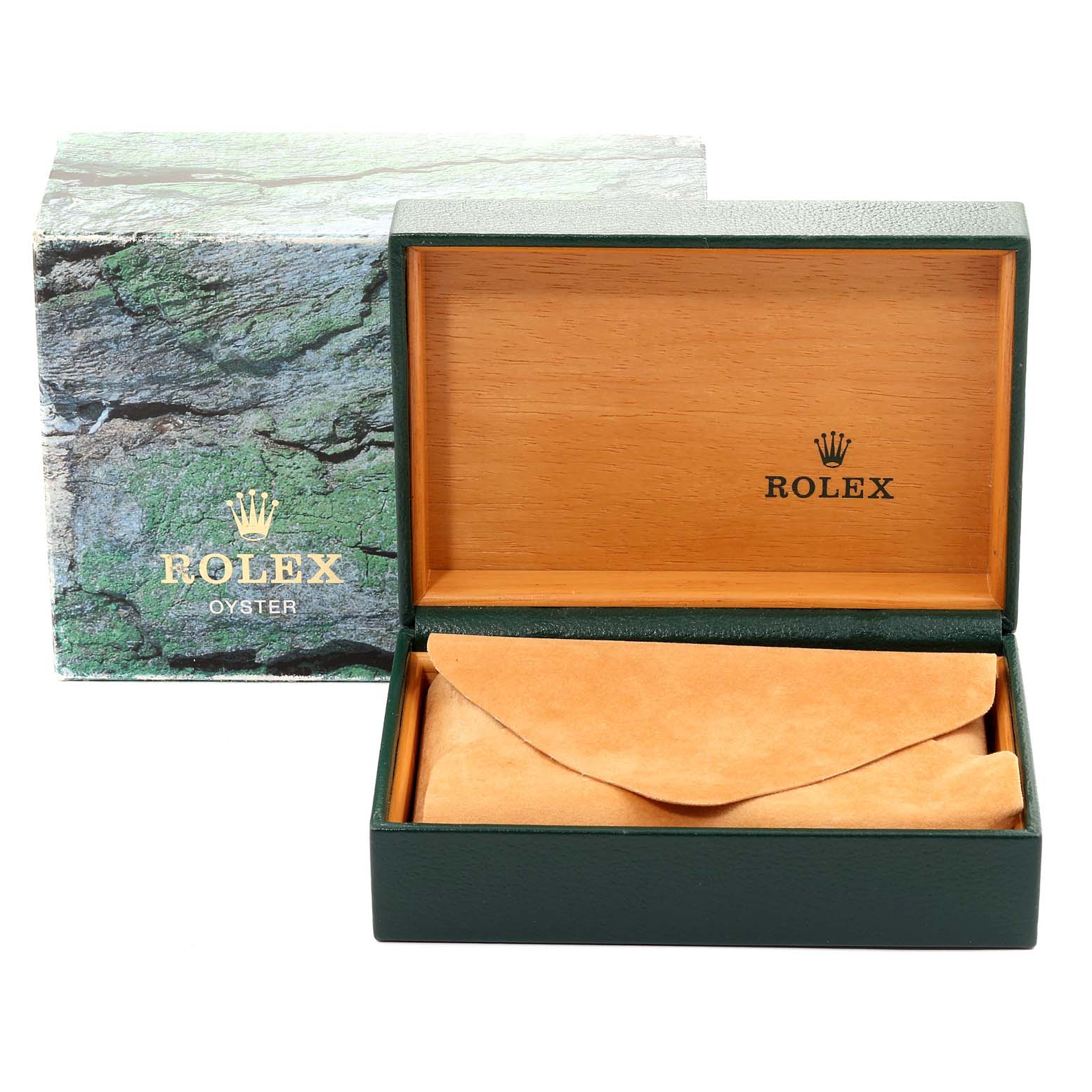 This image shows an open Rolex Datejust 16220 Men's Stainless Steel Silver Dial 16220 Men's Stainless Steel Silver Dial packaging box with the watch pouch inside, next to its outer box.